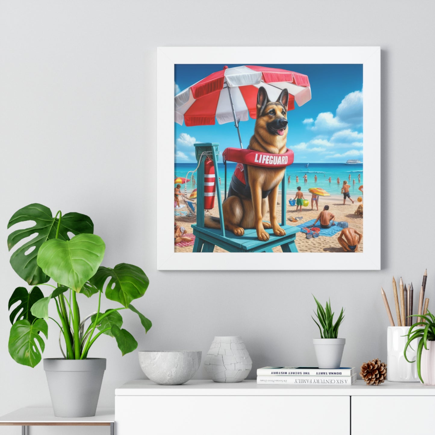 German Shepherd Lifeguard Framed Poster Painting 16x16