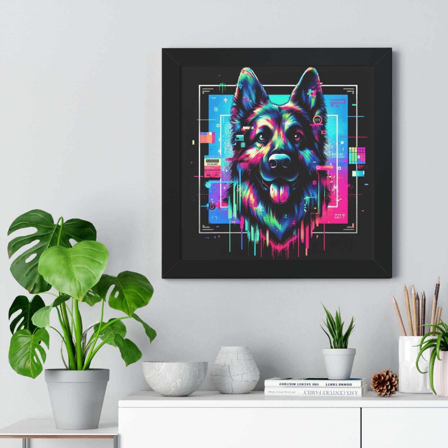 Neon graffiti German Shepherd Framed Poster Painting 16x16