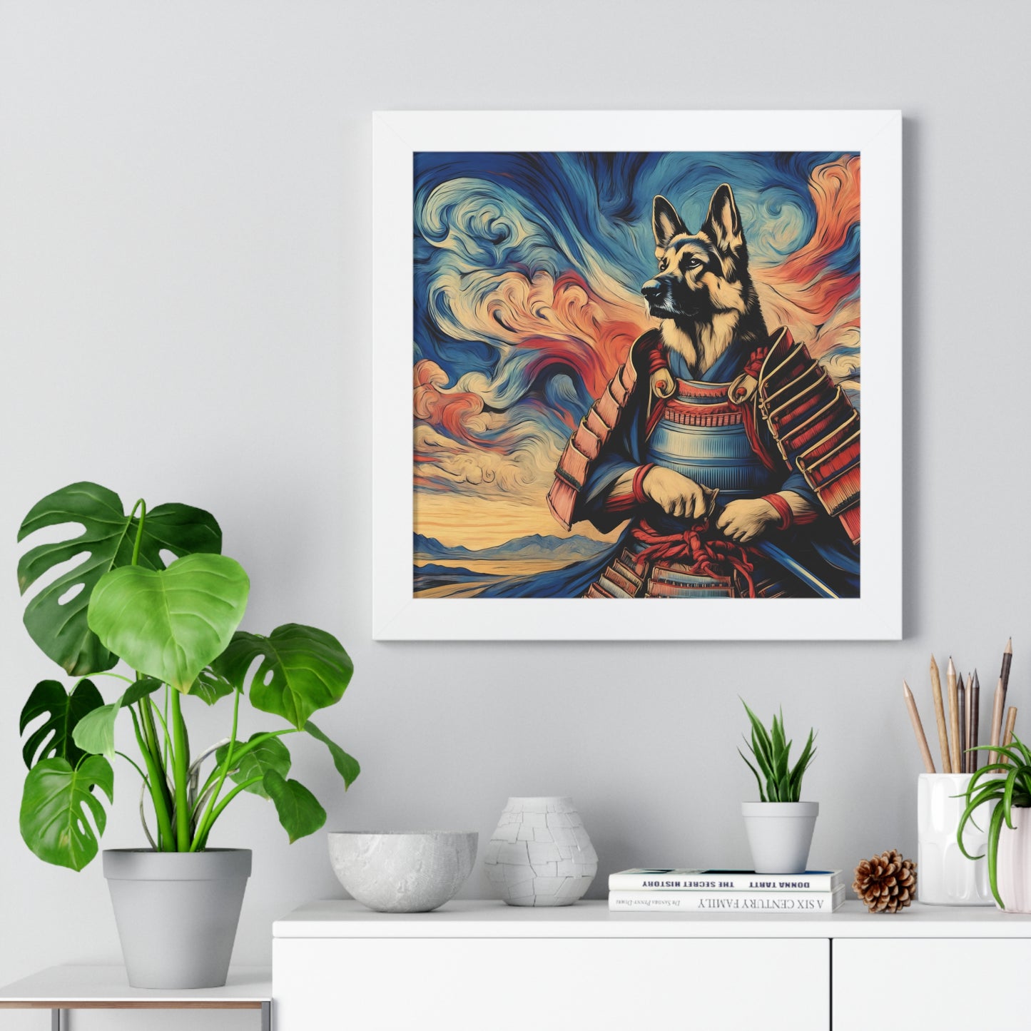 Samurai German Shepherd Framed Poster Painting 16x16