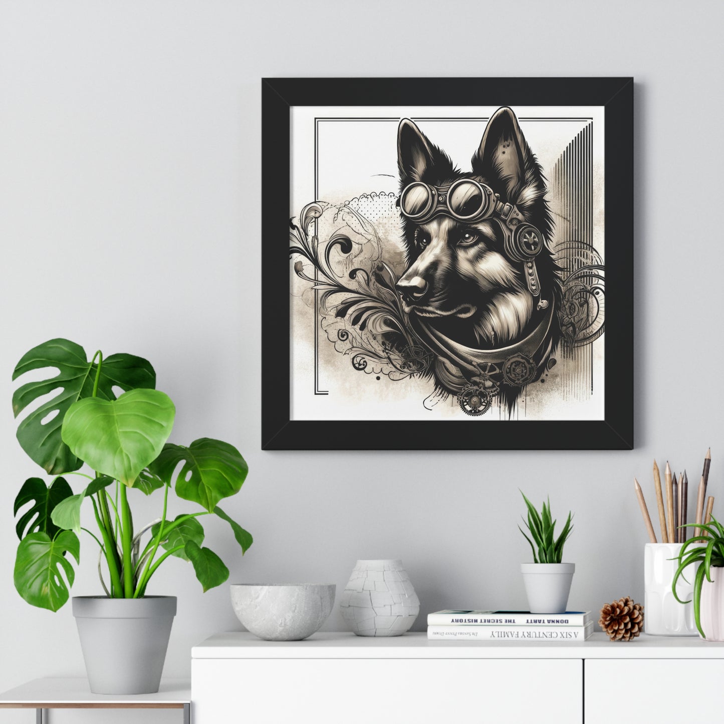 Steampunk German Shepherd Framed Poster Painting 16x16