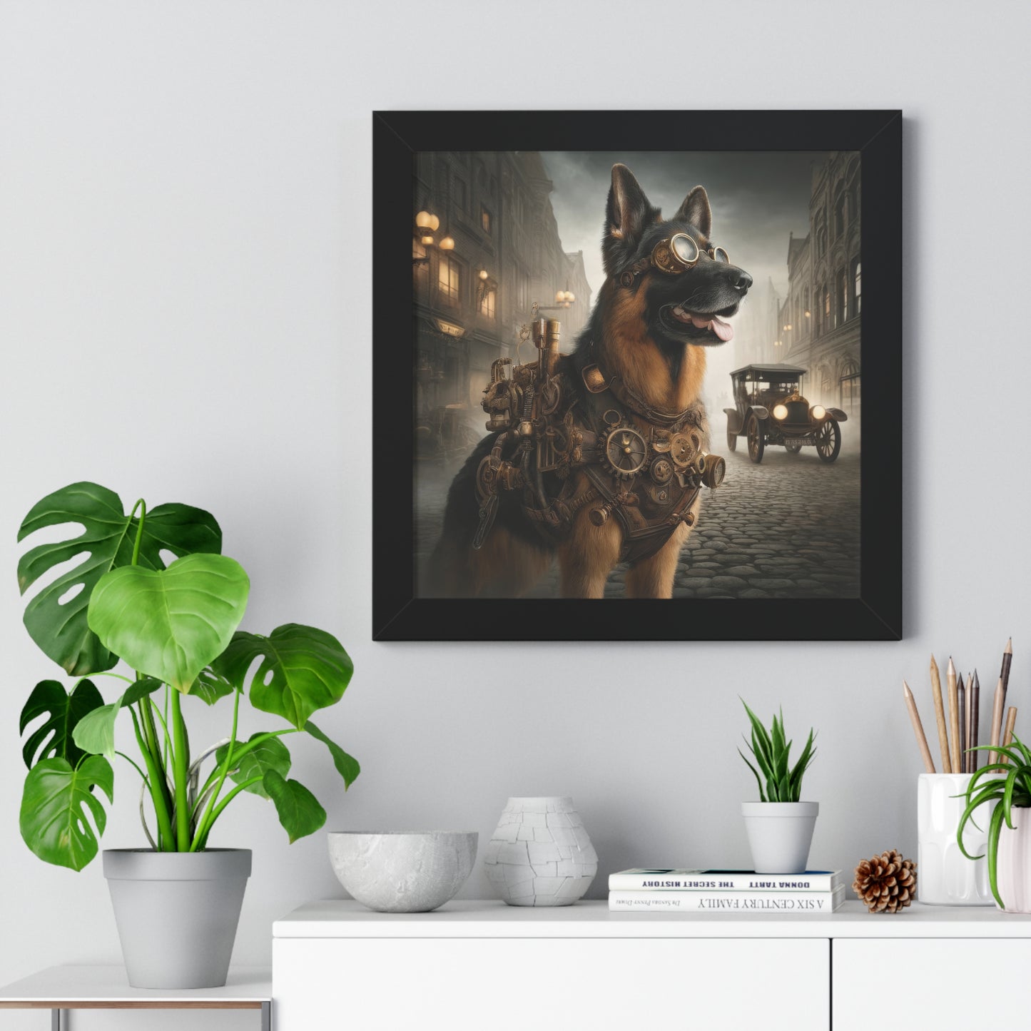 Realism and steampunk German Shepherd Framed Poster Painting 16x16