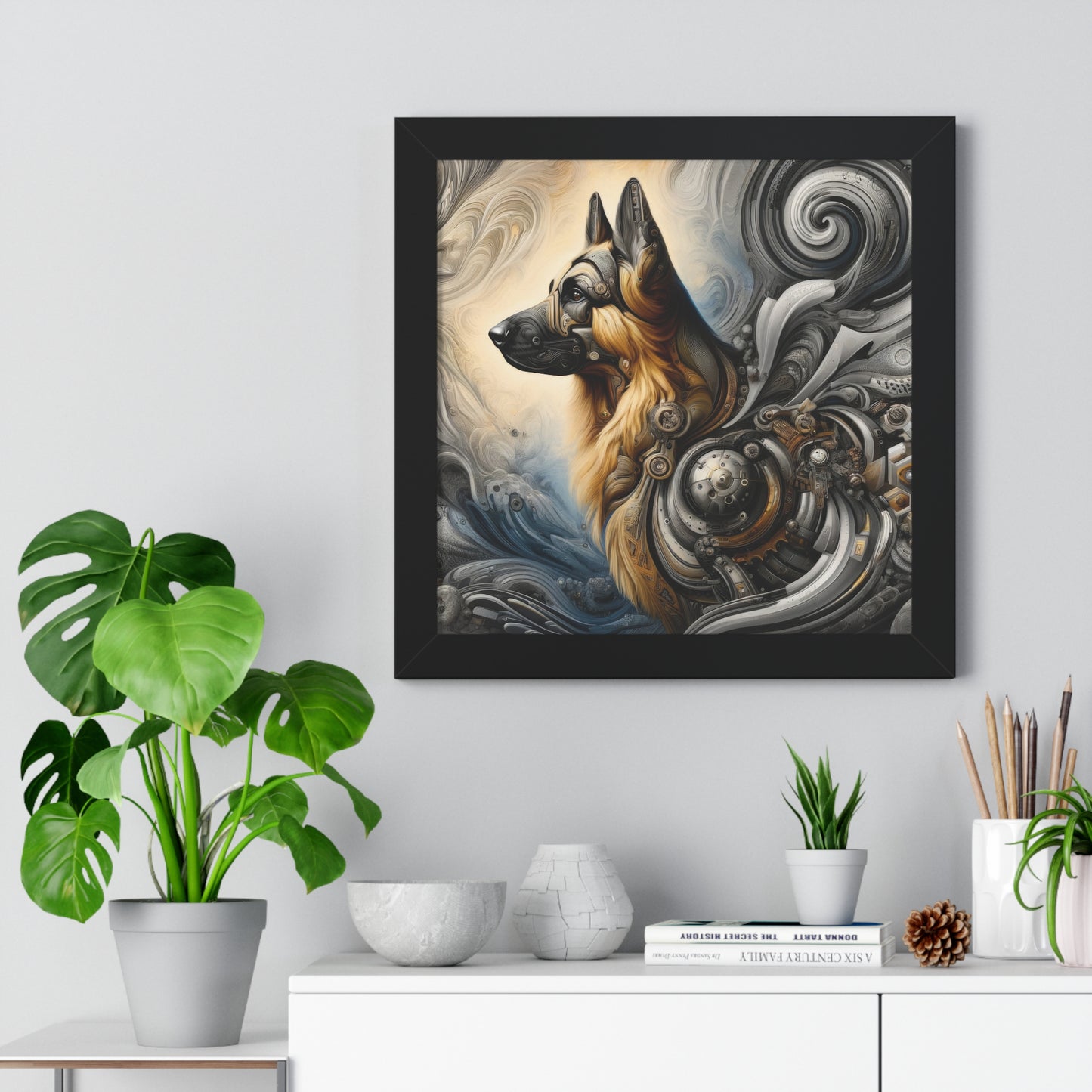 Byzantine, charcoal, and cybernetic German Shepherd Framed Poster Painting 16x16