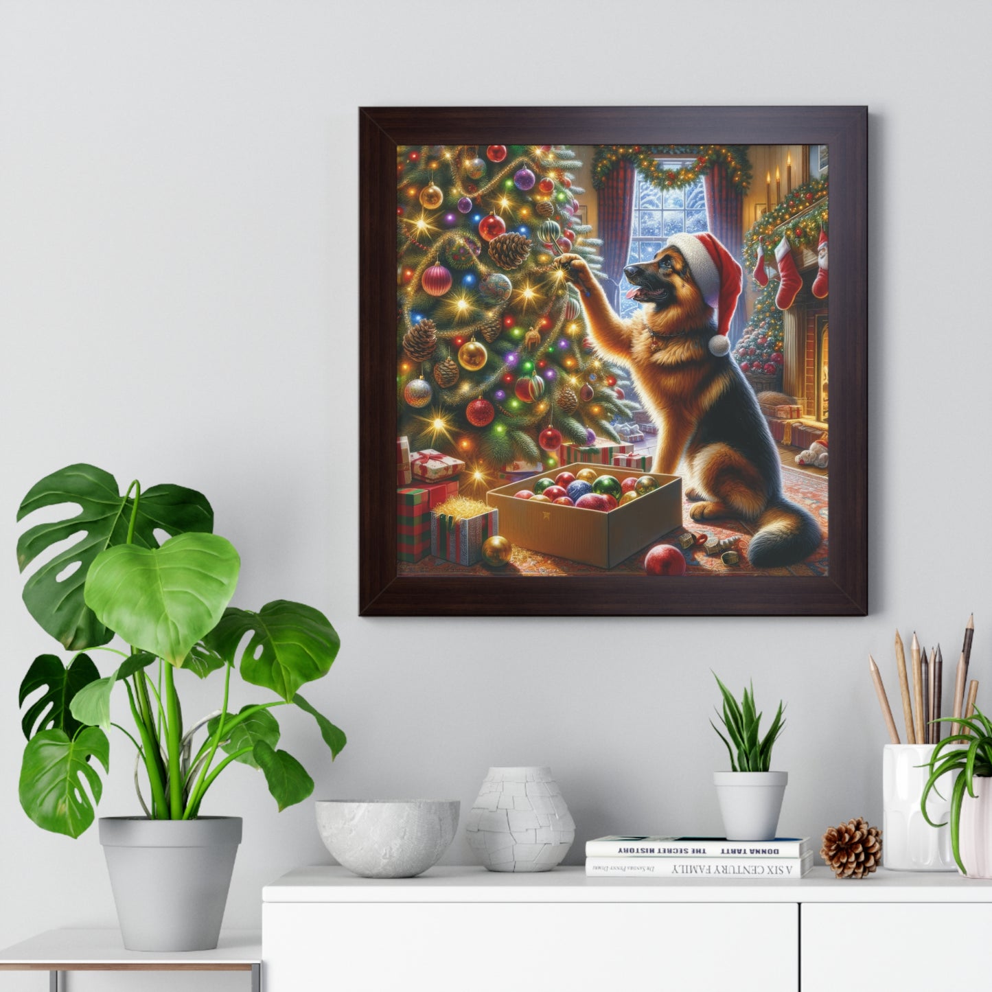 German Shepherd Christmas Tree  Framed Poster Painting 16x16