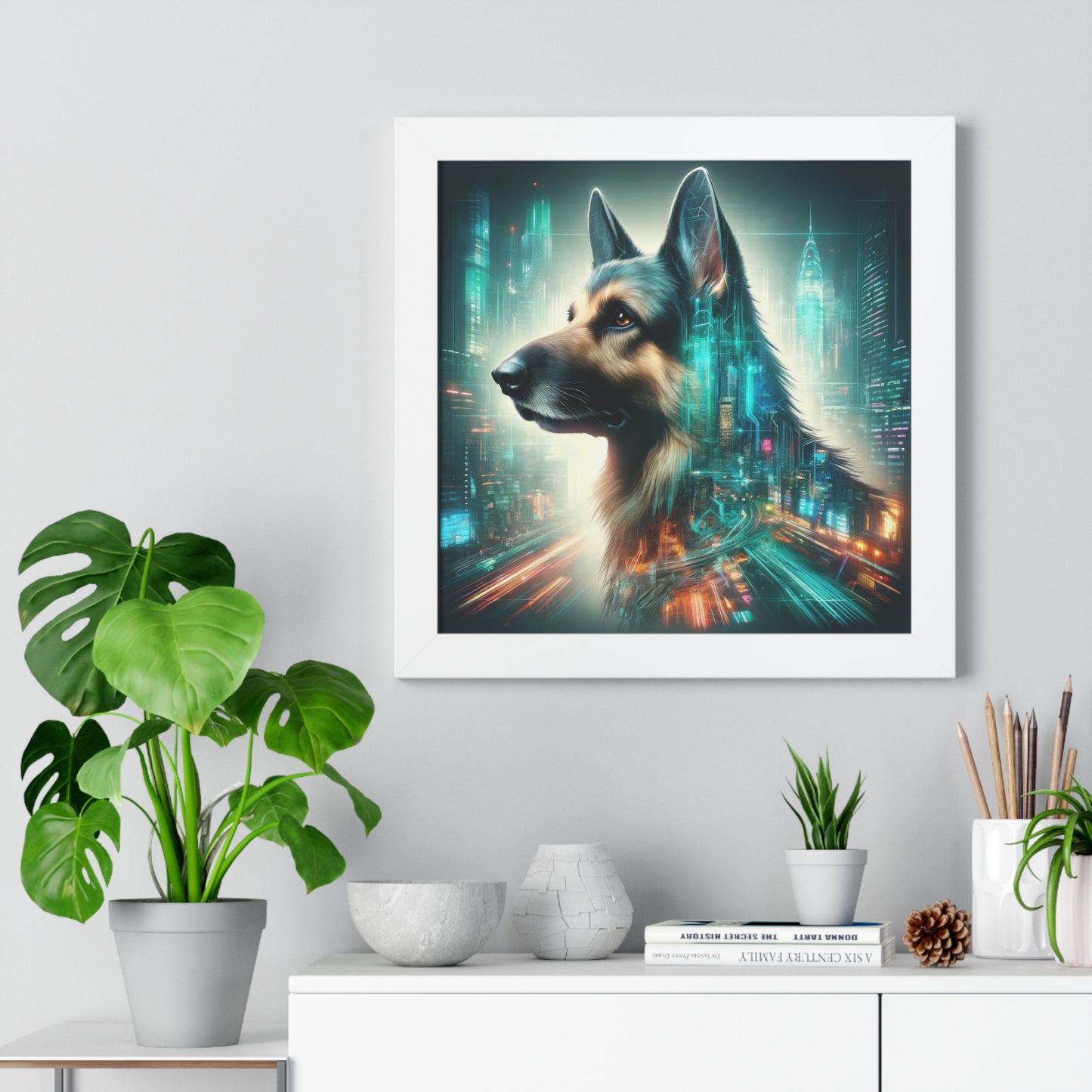 Cyberpunk German Shepherd Framed Poster Painting 16x16