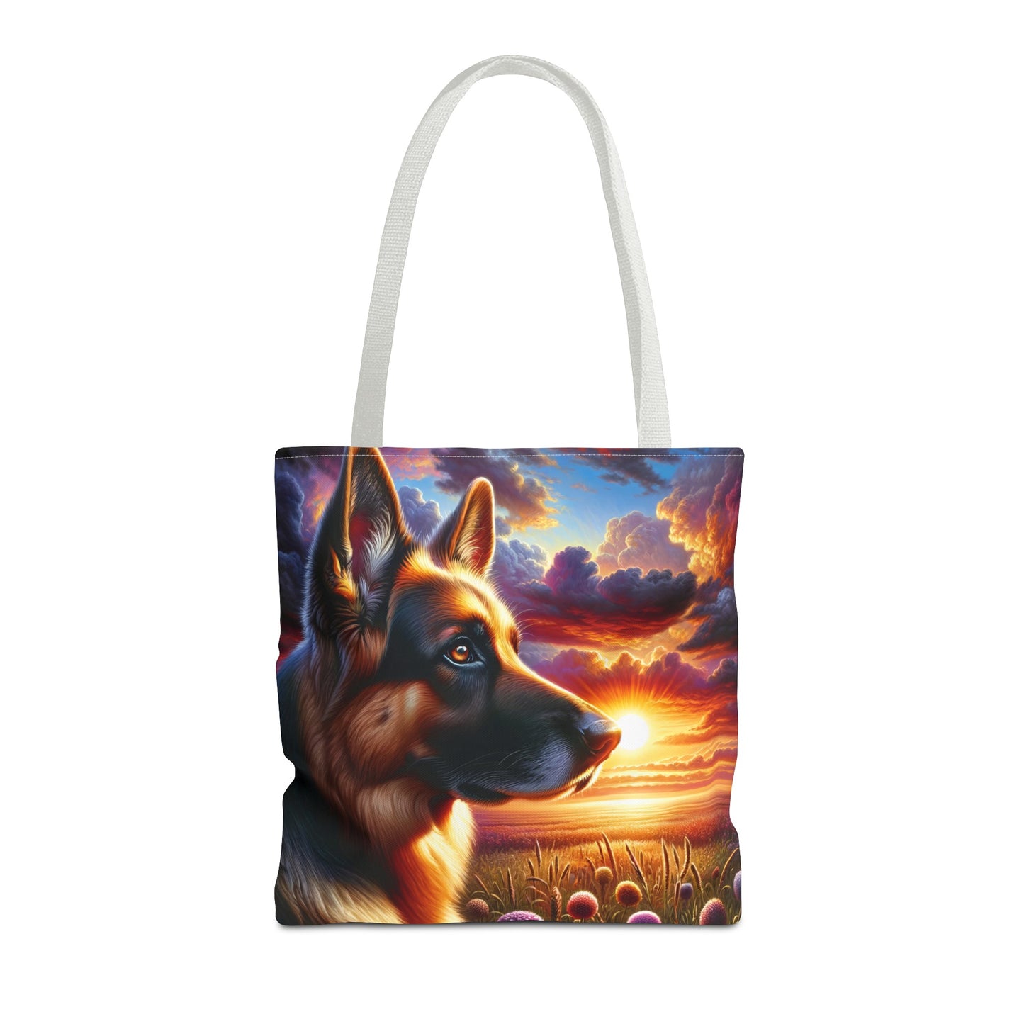 German Shepherd Watching a sunset Tote Bag