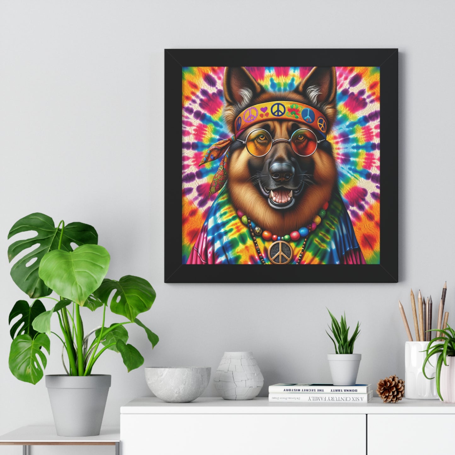 Hippie German Shepherd Framed Poster Painting 16x16