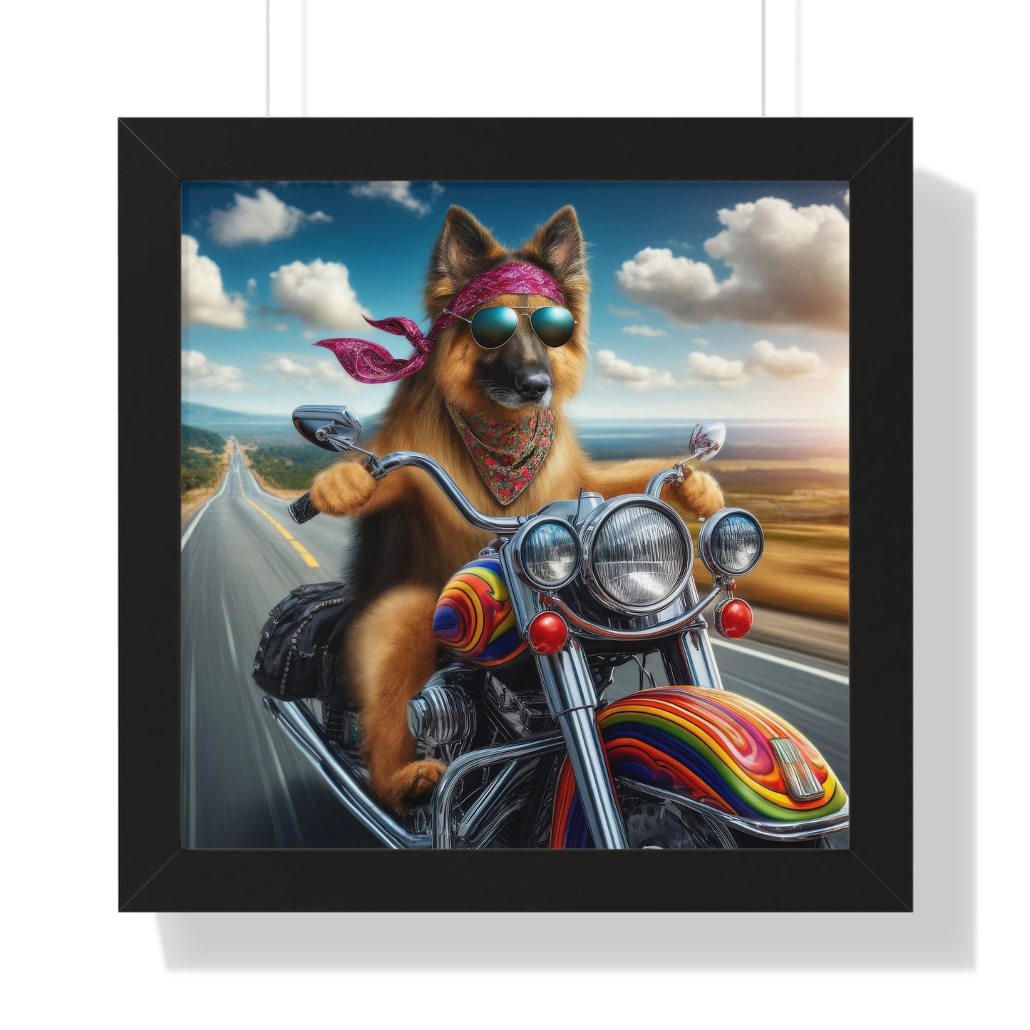 German Shepherd Riding a Motorcycle Framed Poster Painting 16x16