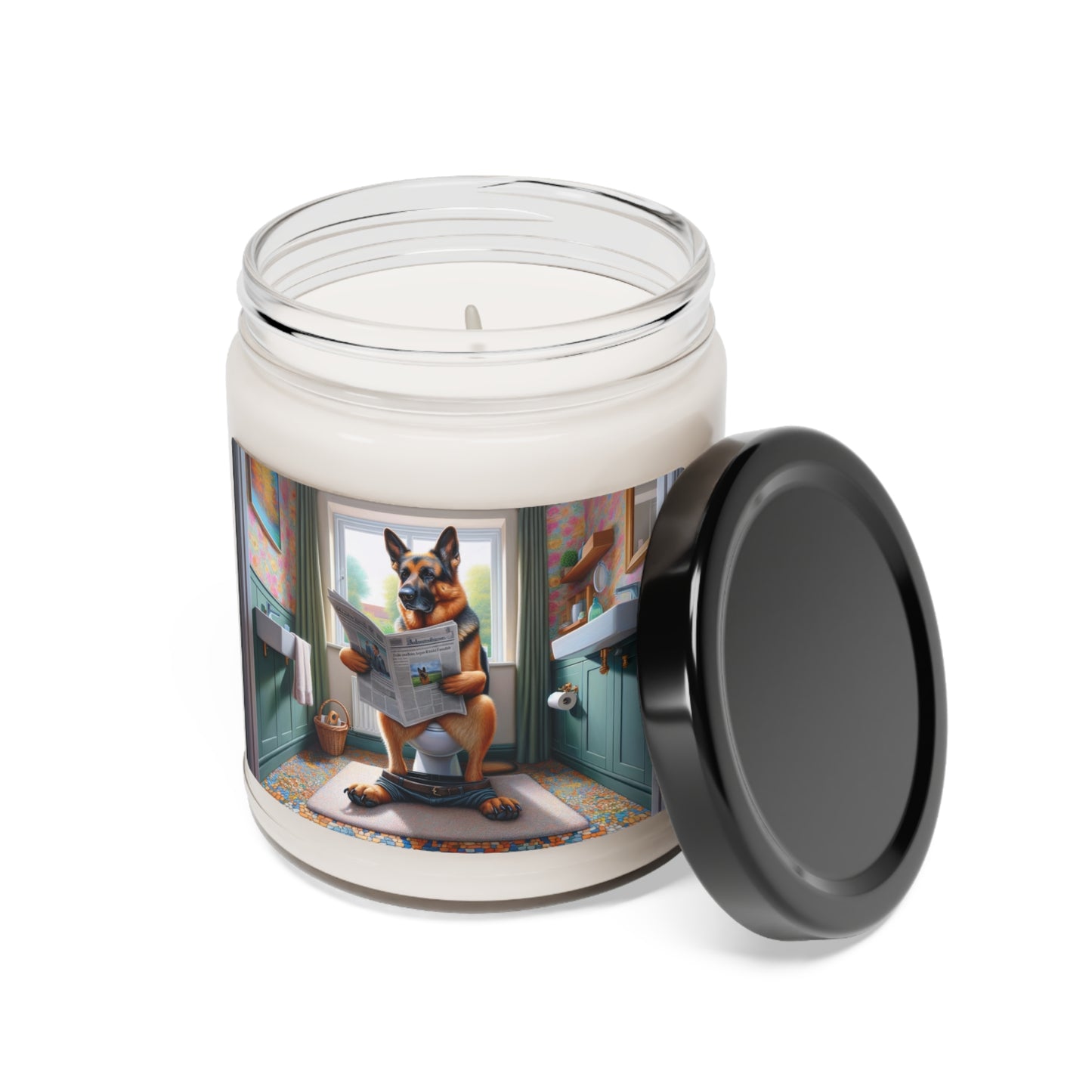 German Shepherd Using a Toilet Scented Soy Candle, 9oz