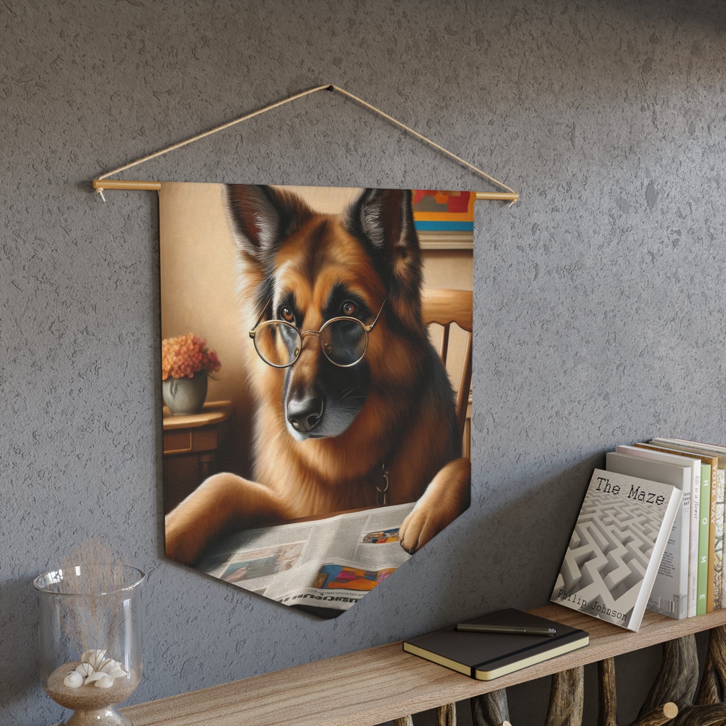 German Shepherd Reading a Newspaper Pennant