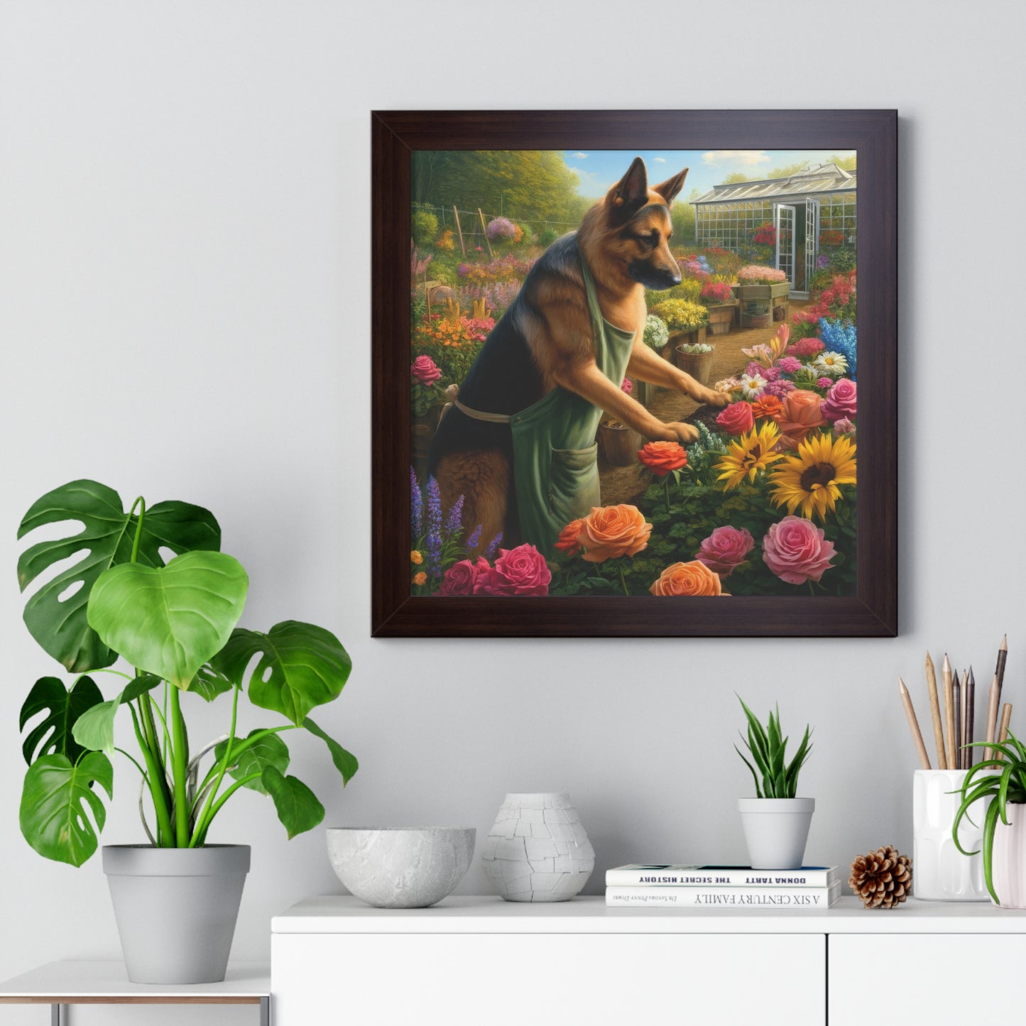 German Shepherd Gardening Framed Poster Painting 16x16