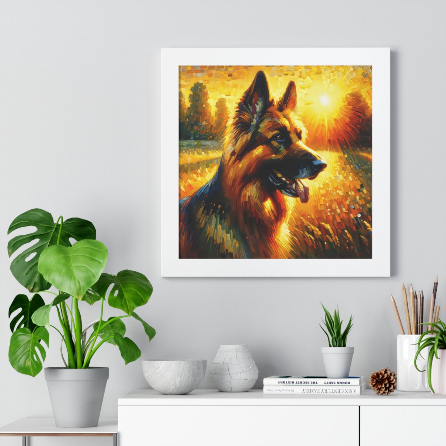 Golden hour and neo-impressionism German Shepherd Framed Poster Painting 16x16