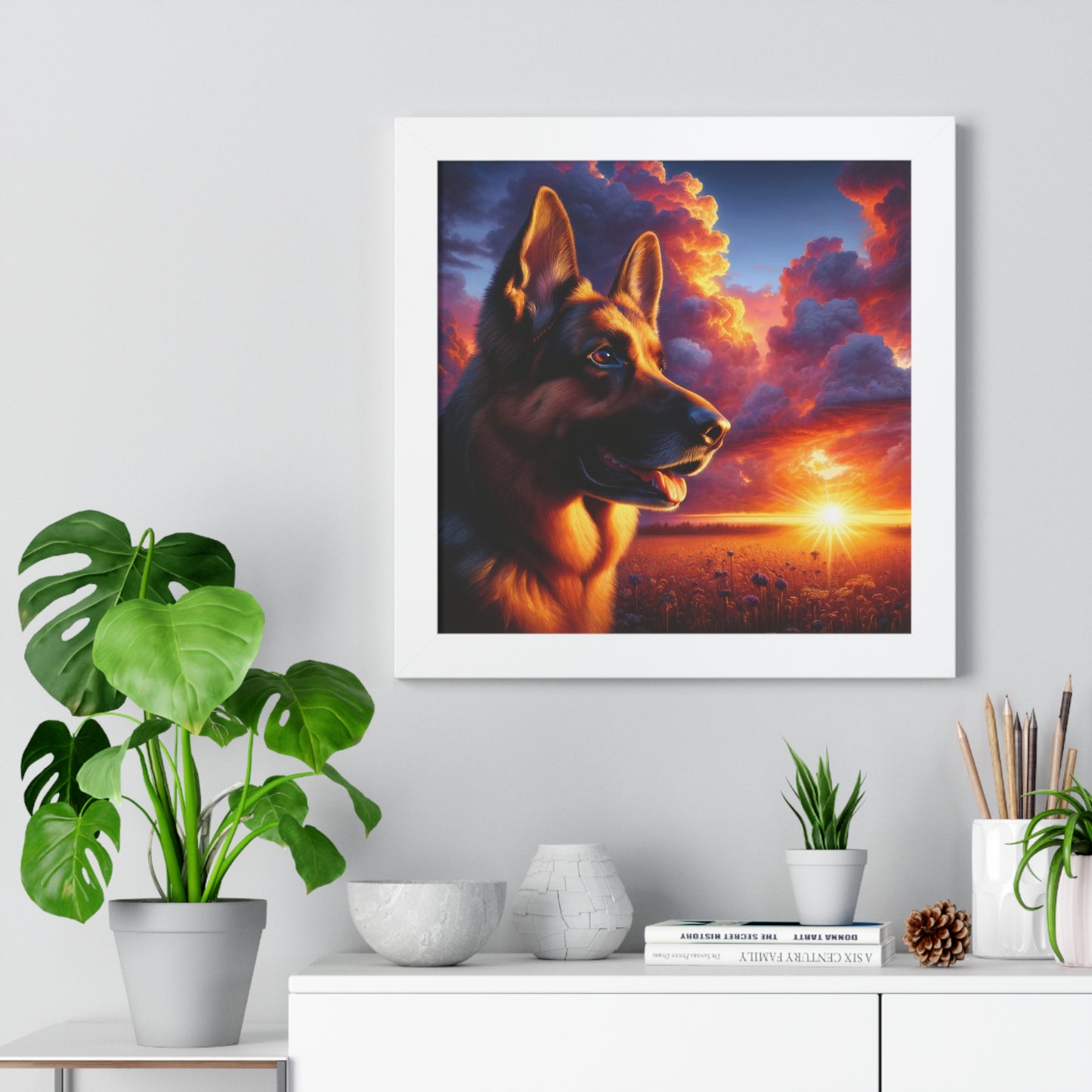 German Shepherd Watching a sunset Framed Poster Painting 16x16