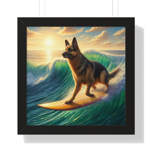 German Shepherd Surfing Framed Poster Painting 16x16