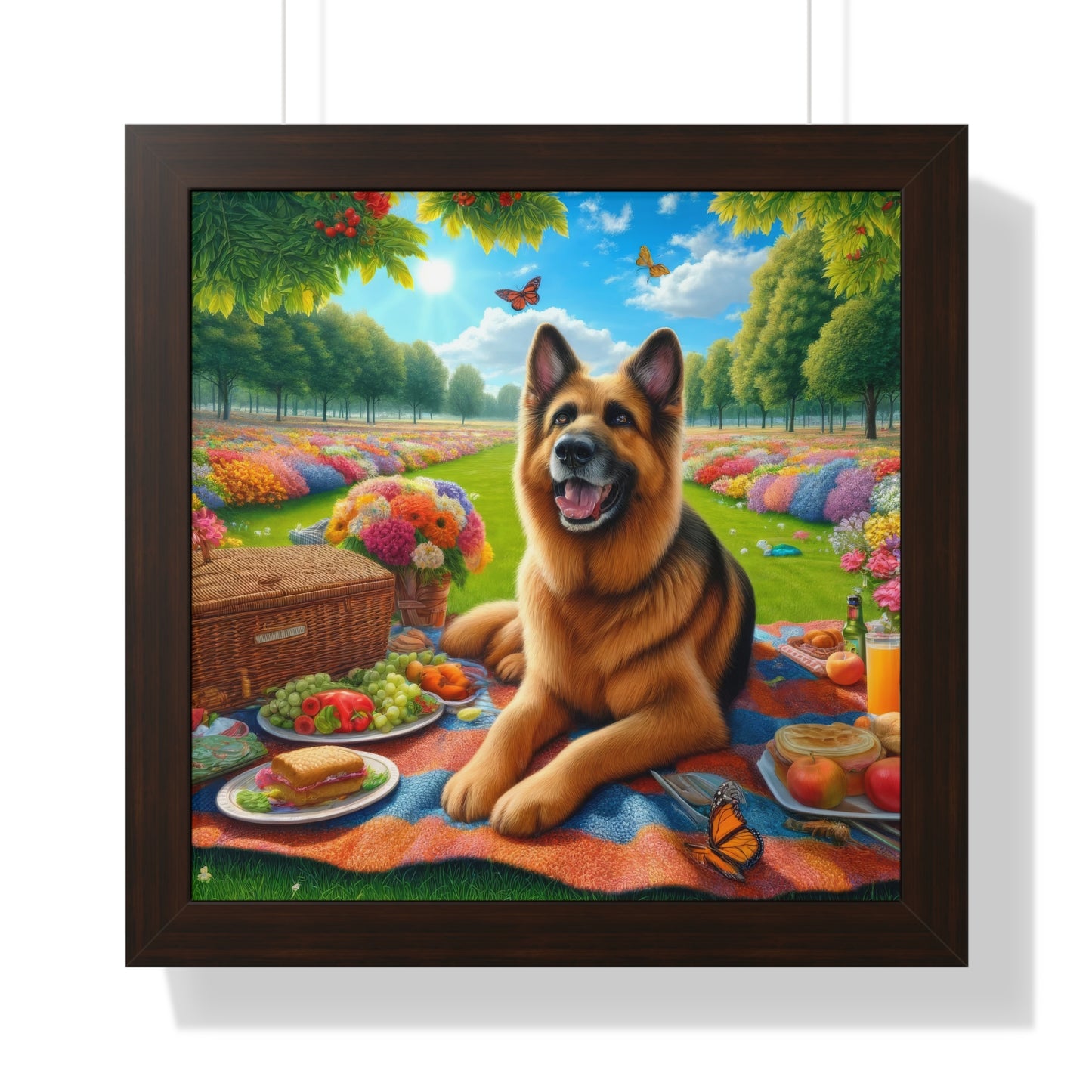 German Shepherd Having a Picnic Framed Poster Painting 16x16