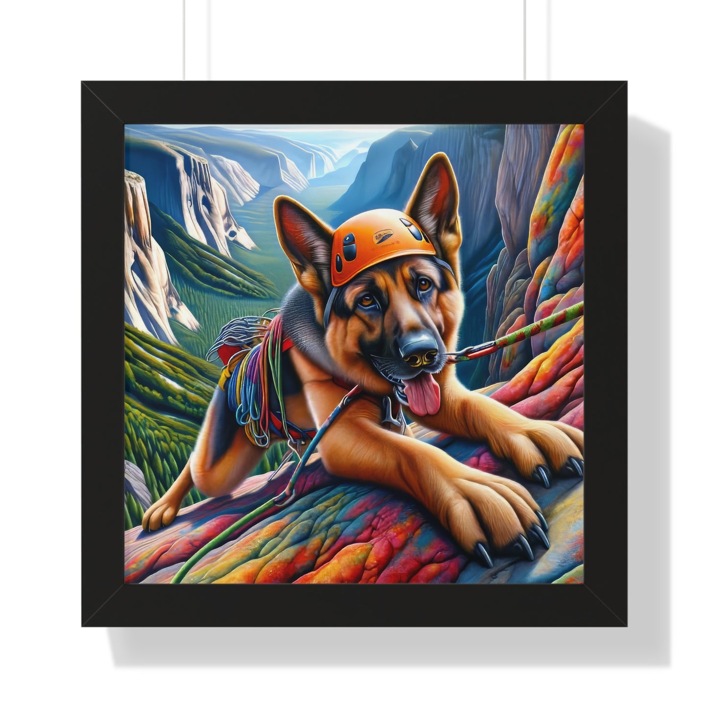 German Shepherd Rock climbing Framed Poster Painting 16x16