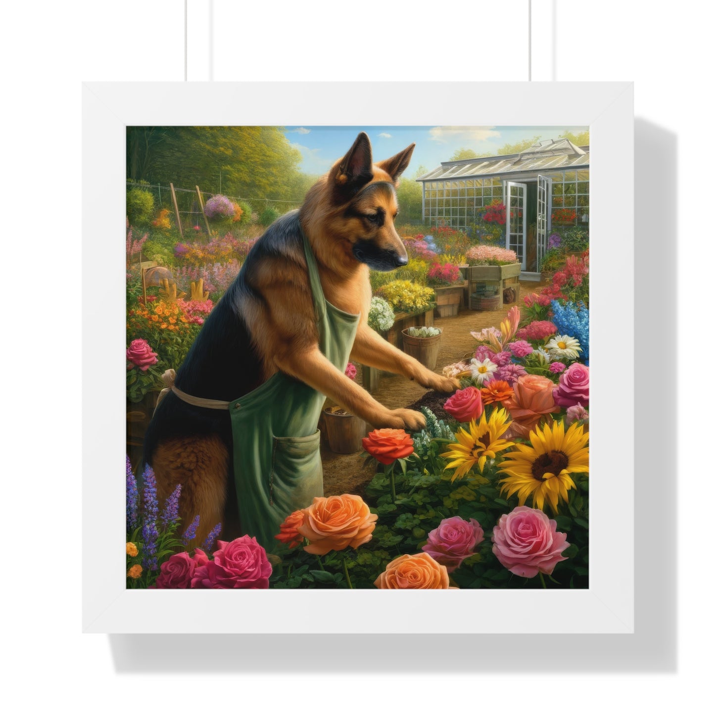 German Shepherd Gardening Framed Poster Painting 16x16