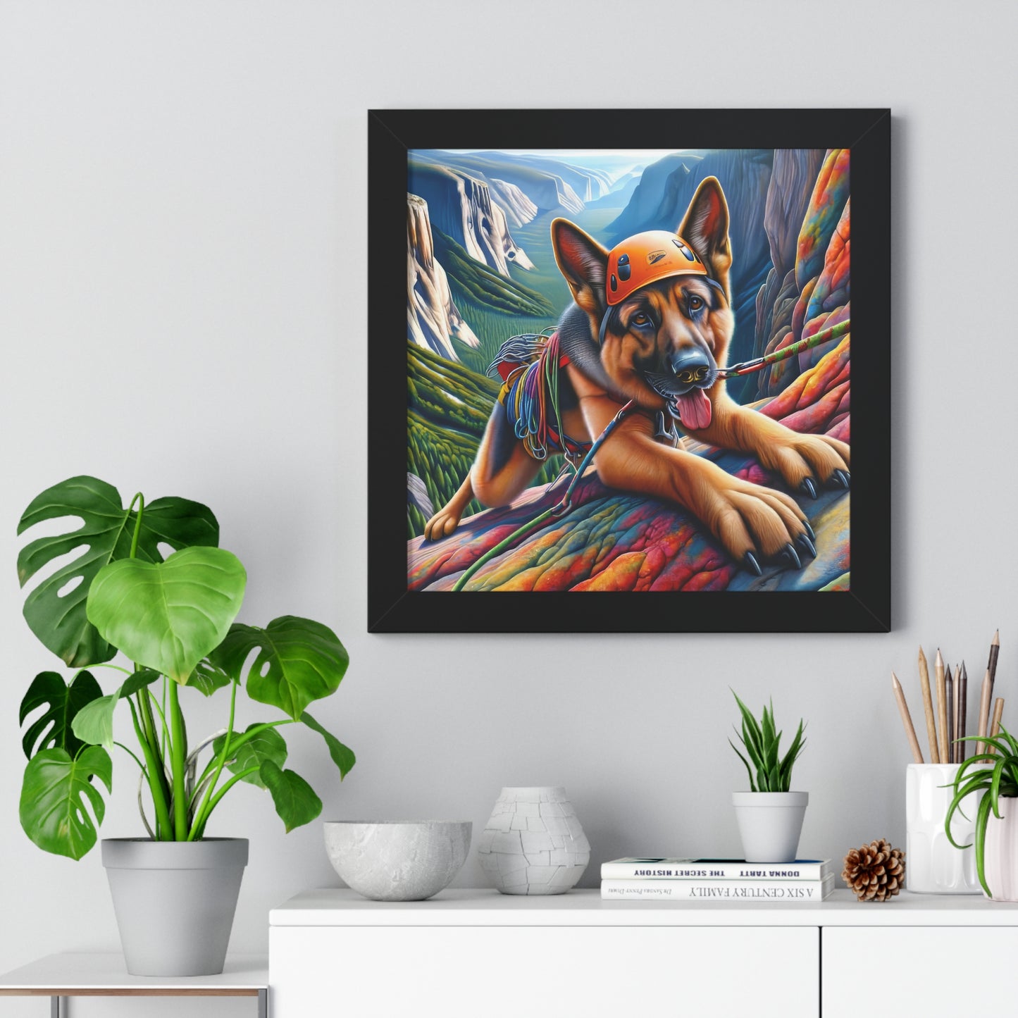 German Shepherd Rock climbing Framed Poster Painting 16x16