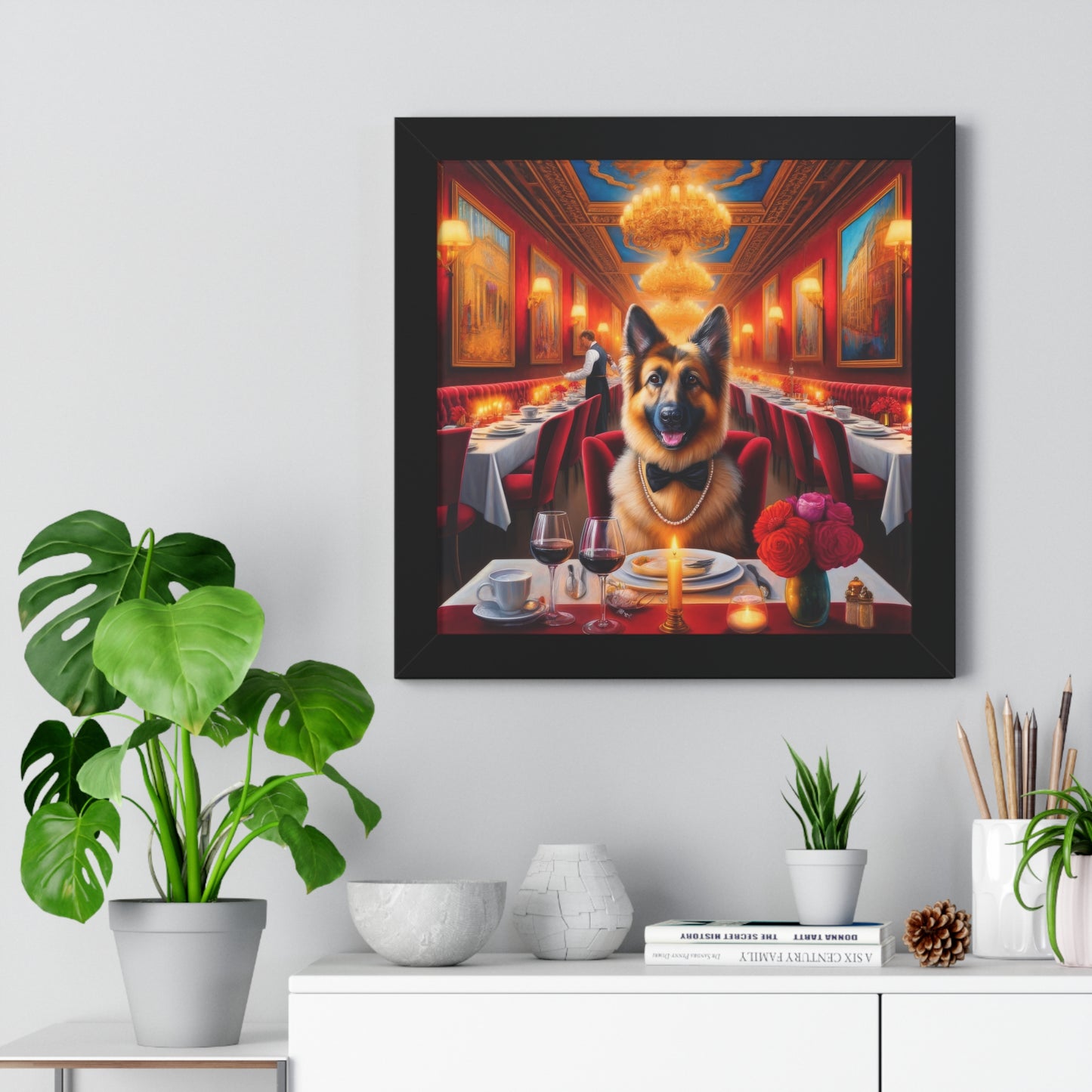 German Shepherd Eating at Restaurant Framed Poster Painting 16x16