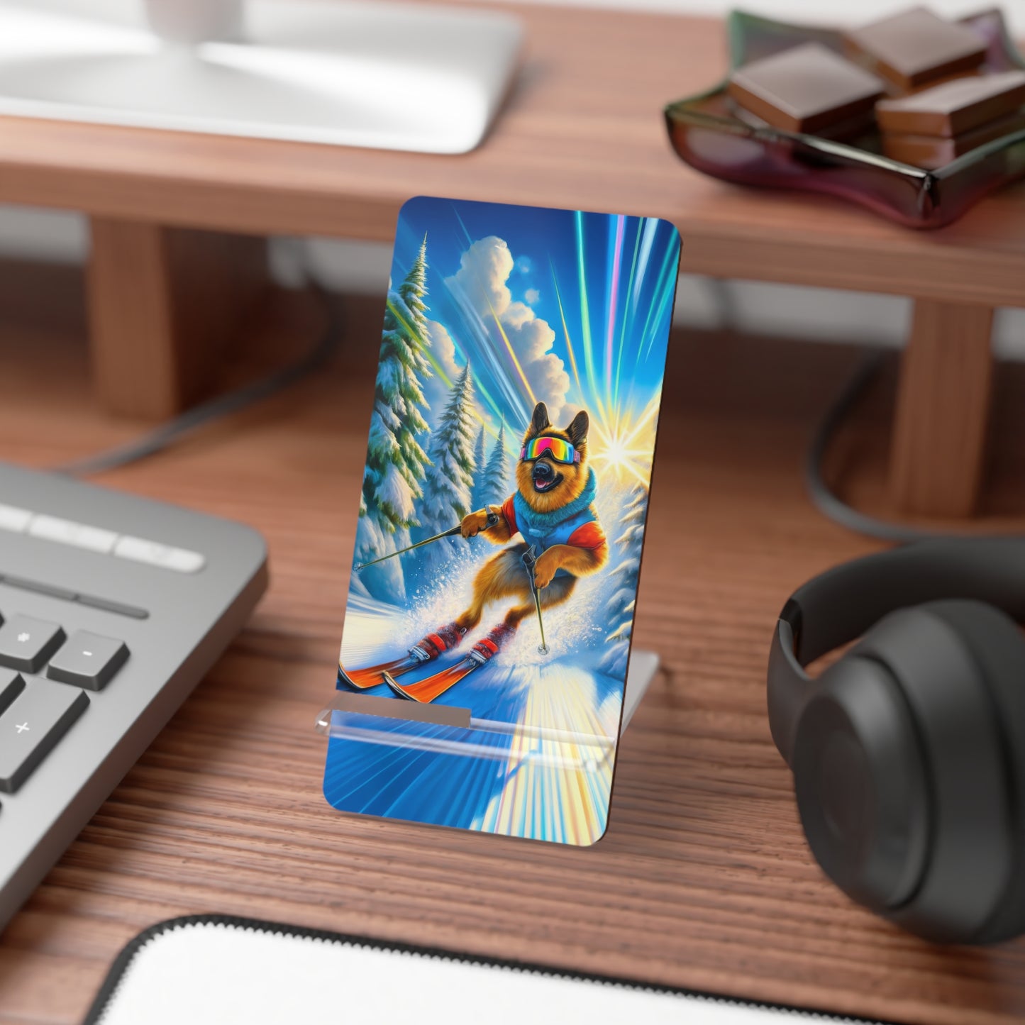 German Shepherd Skiing Smartphone Stand