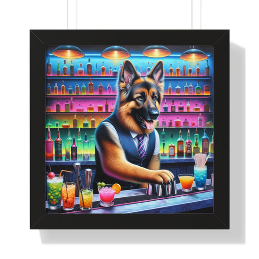 German Shepherd Tending a Bar Framed Poster Painting 16x16