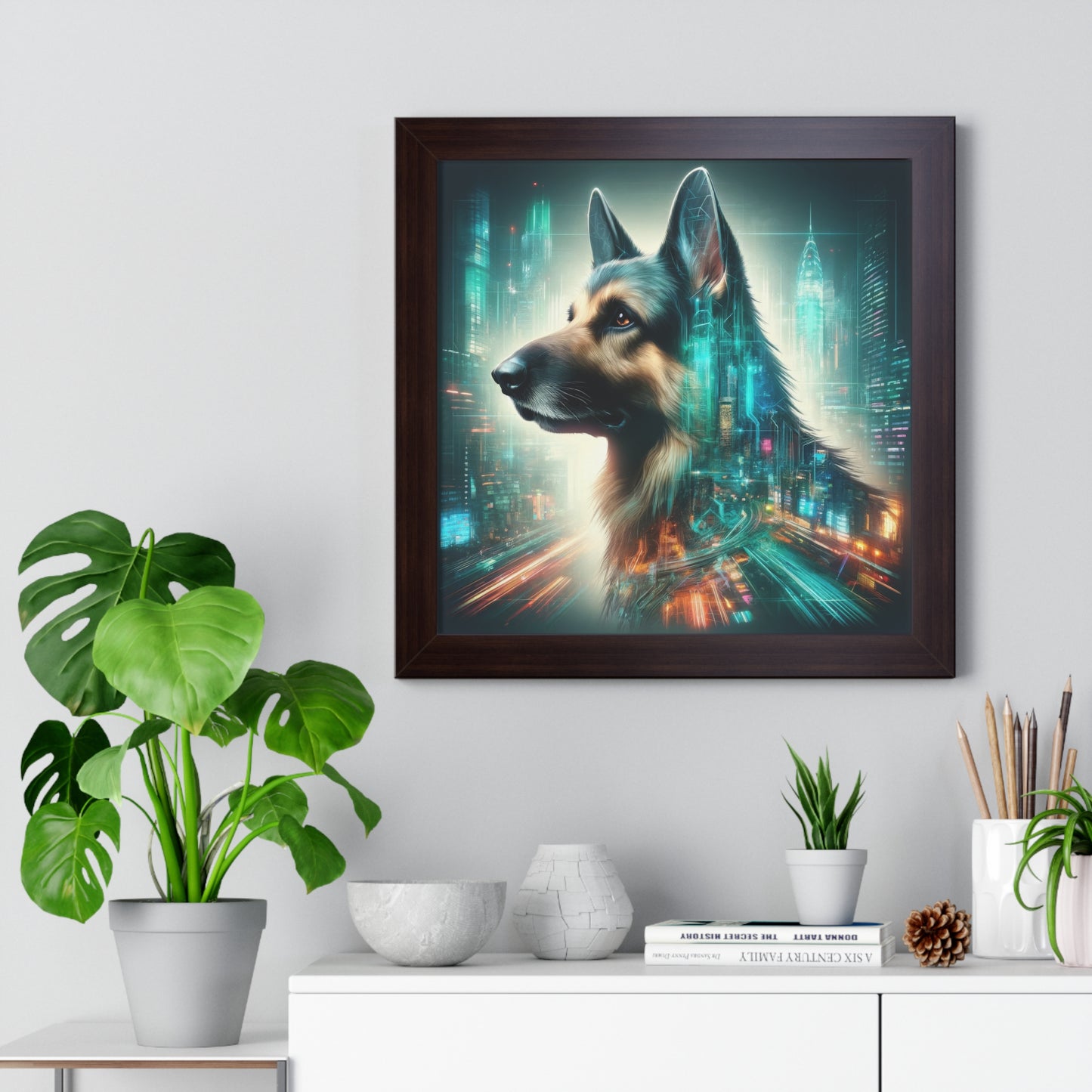 Cyberpunk German Shepherd Framed Poster Painting 16x16