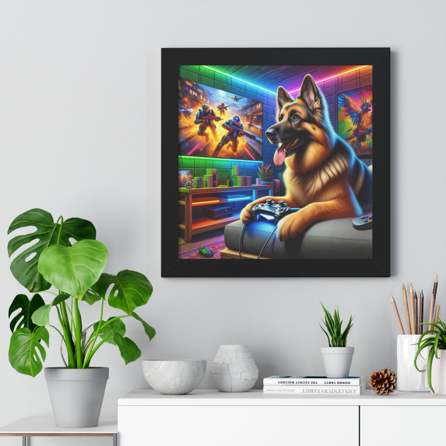 German Shepherd Playing Video Games Framed Poster Painting 16x16