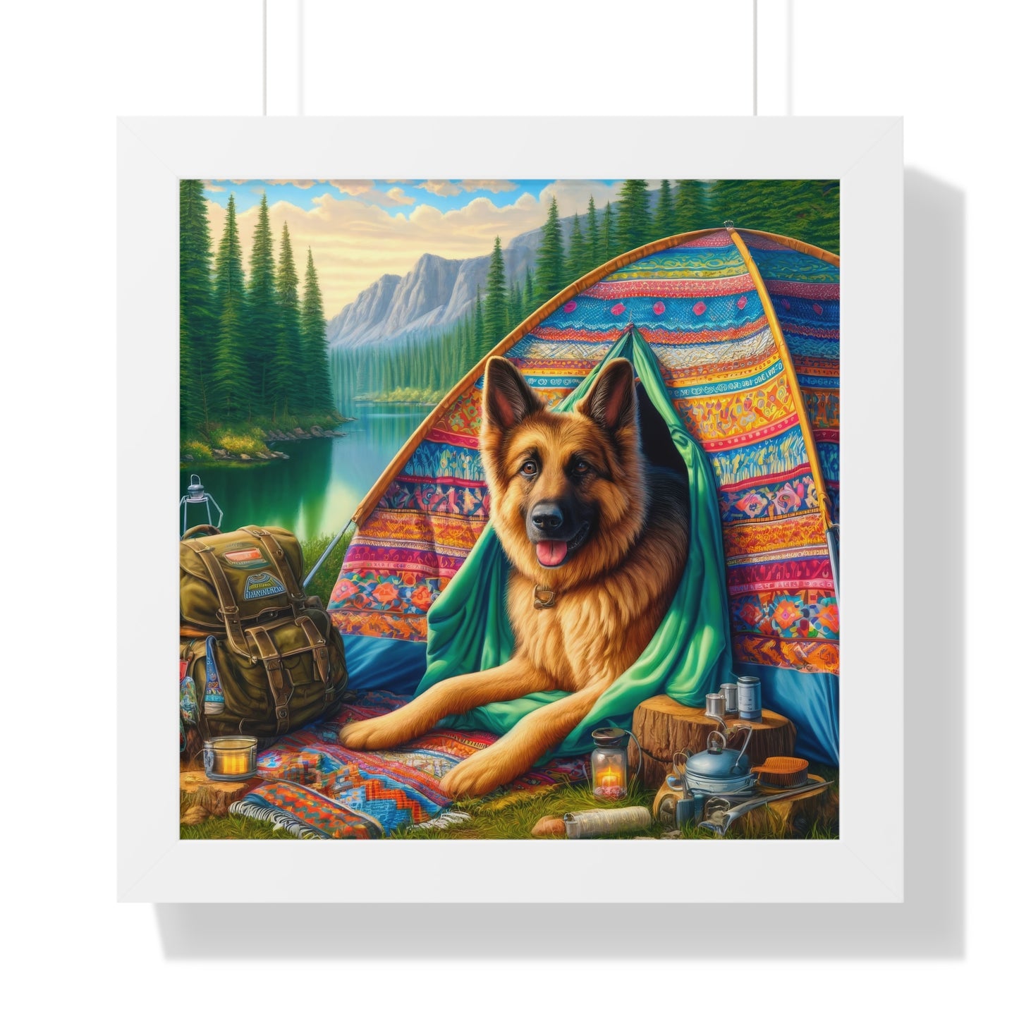 German Shepherd Camping  Framed Poster Painting 16x16