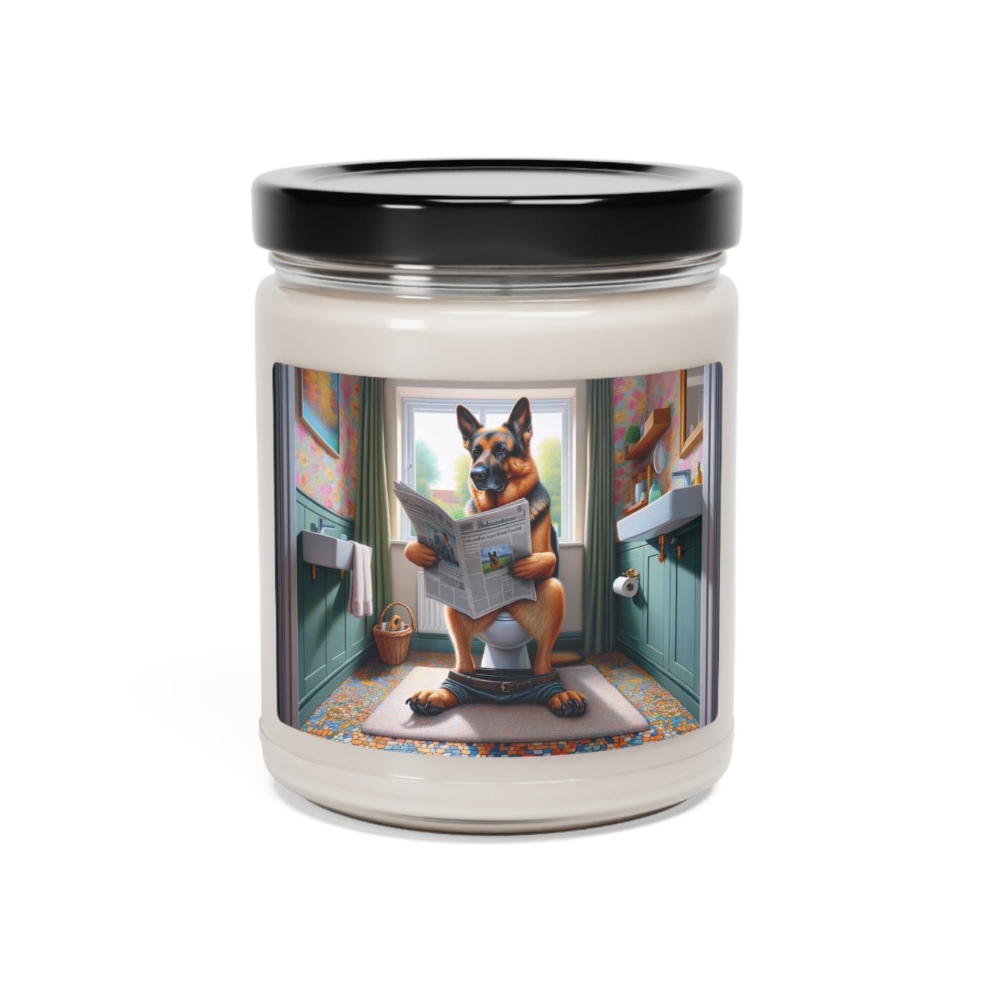 German Shepherd Using a Toilet Scented Soy Candle, 9oz