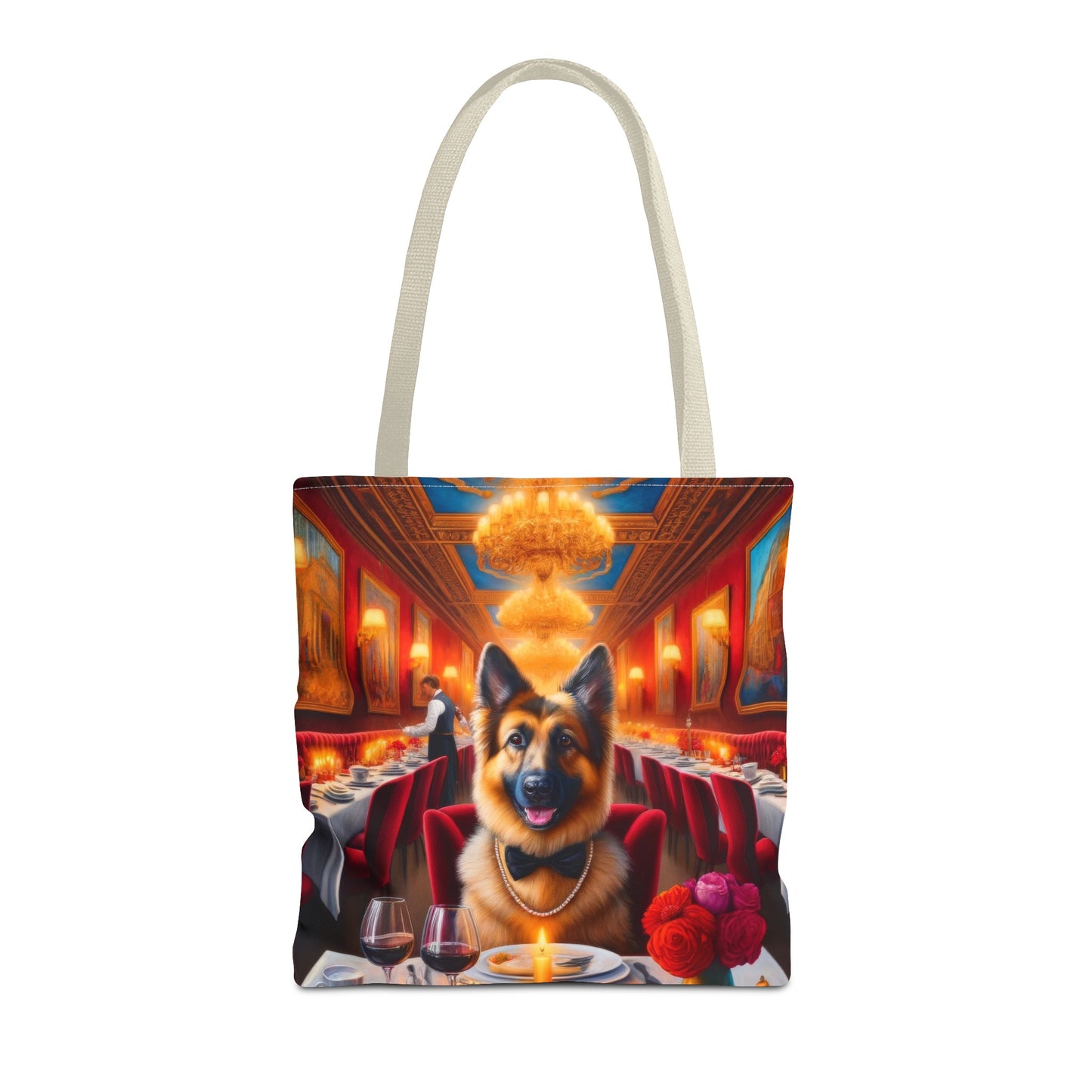 German Shepherd Eating at Restaurant Tote Bag