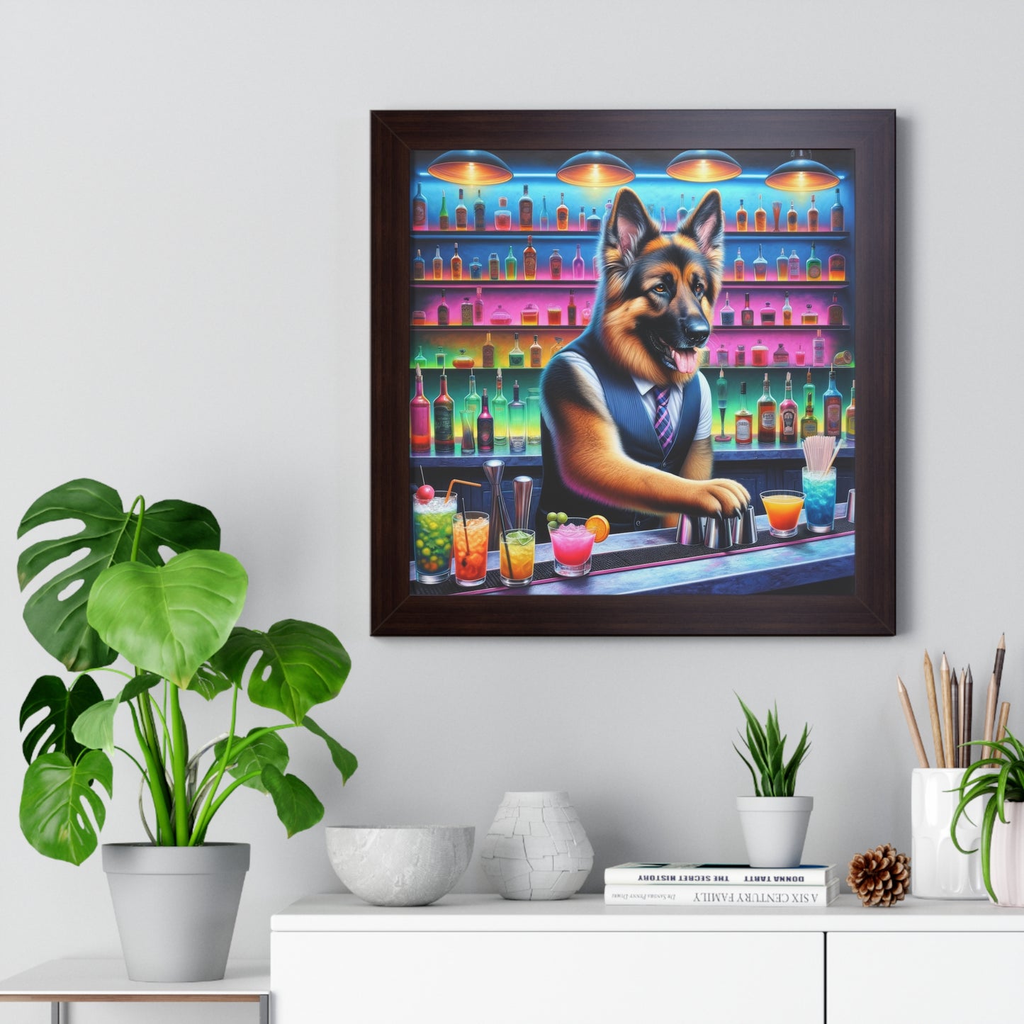 German Shepherd Tending a Bar Framed Poster Painting 16x16