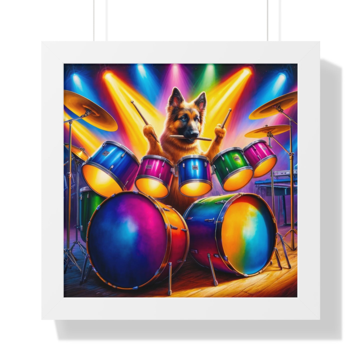 German Shepherd Playing Drums Framed Poster Painting 16x16