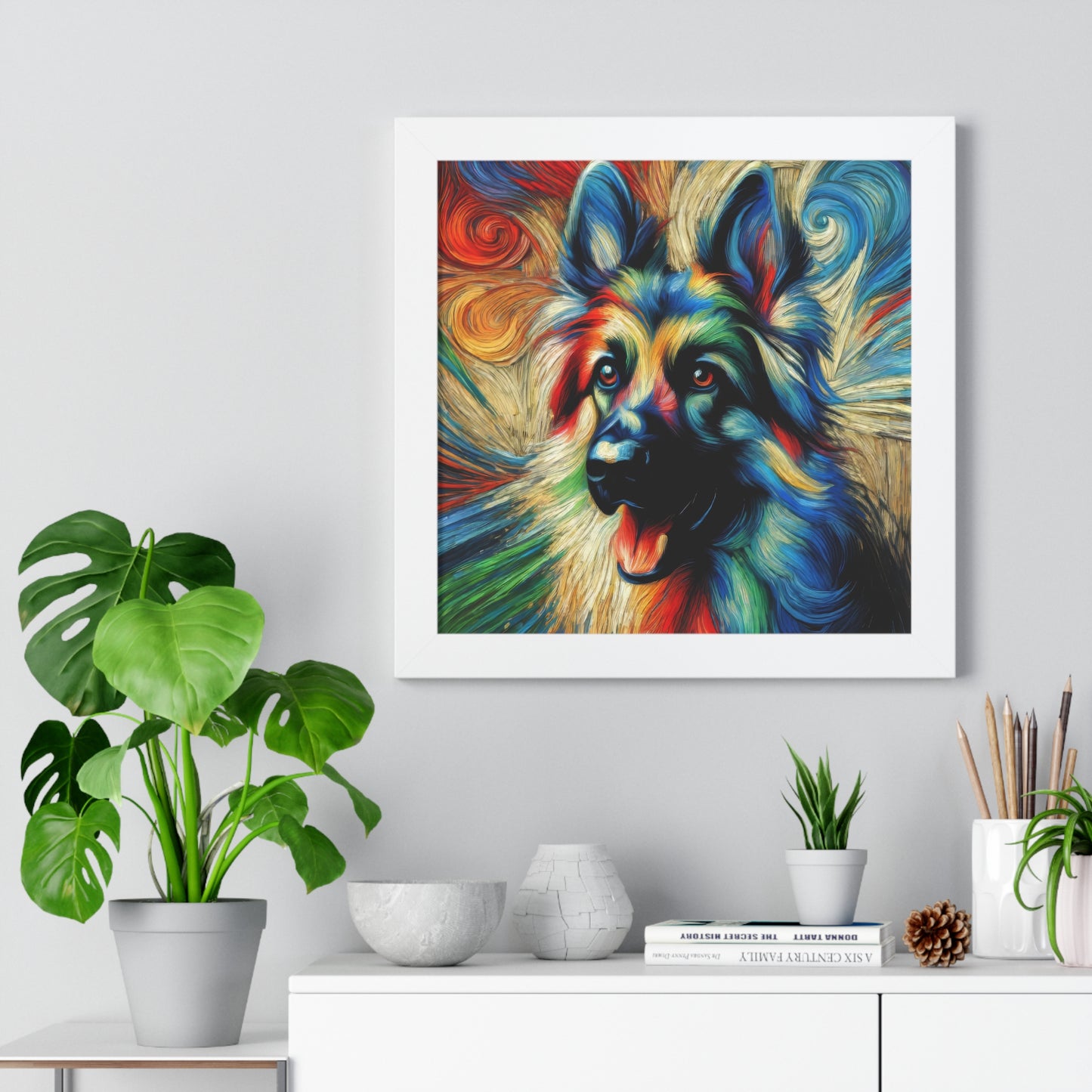 Fauvism scratchboard technique German Shepherd Framed Poster Painting 16x16