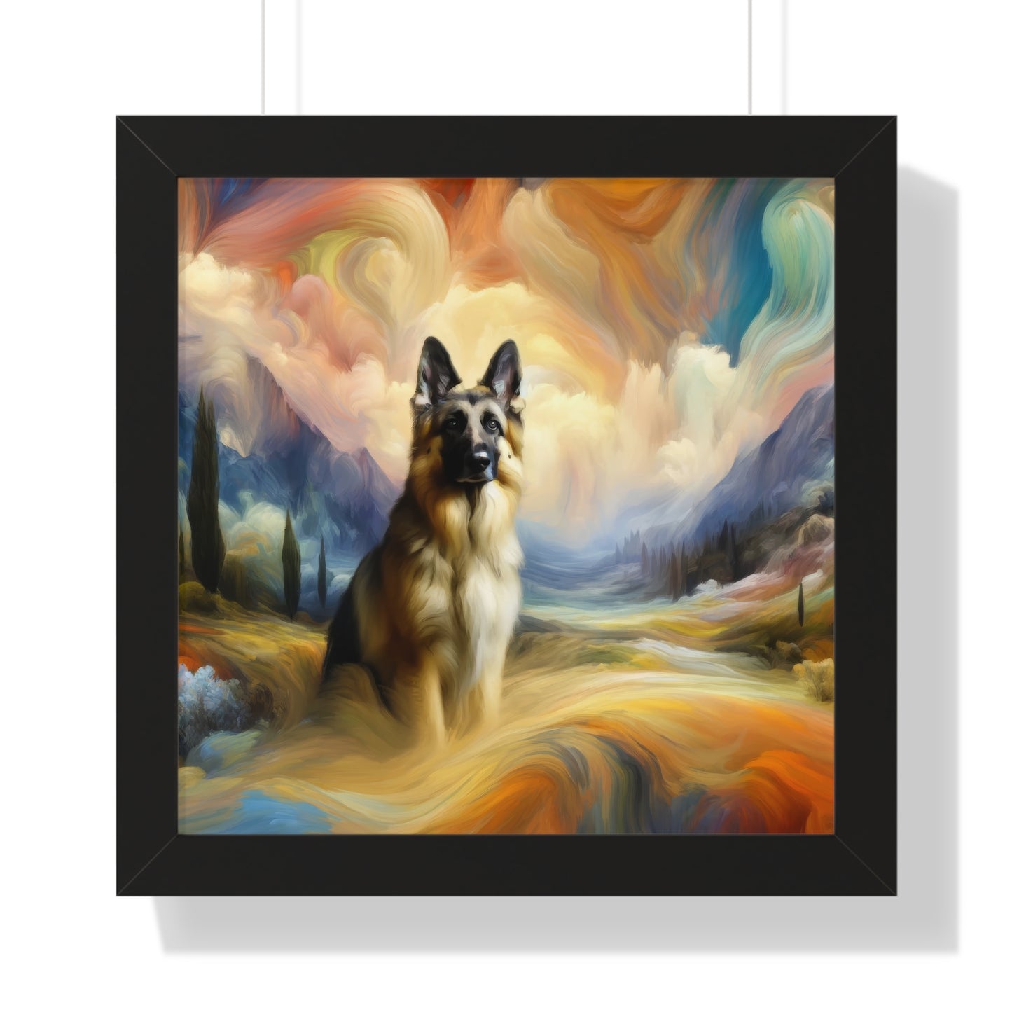 German Shepherd in an impressionist and surreal landscape Framed Poster Painting 16x16