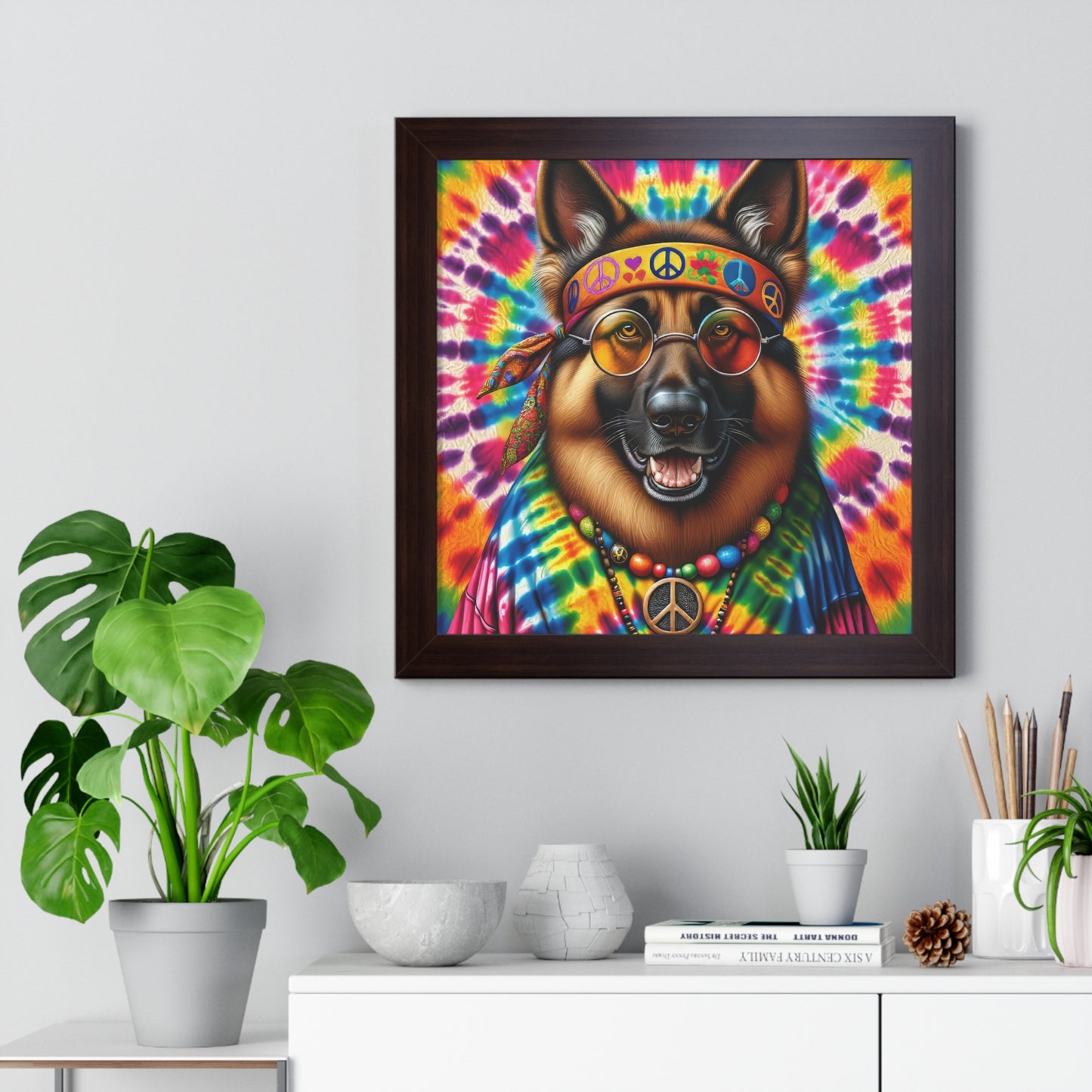 Hippie German Shepherd Framed Poster Painting 16x16