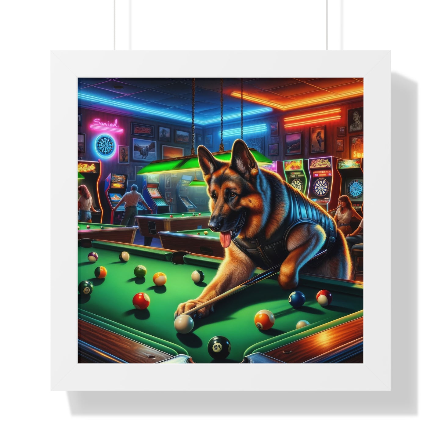 German Shepherd Playing Pool Framed Poster Painting 16x16