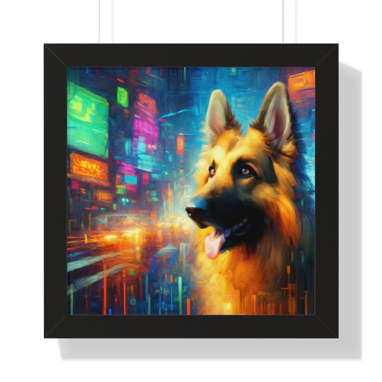 Impressionism meets cyberpunk German Shepherd Framed Poster Painting 16x16