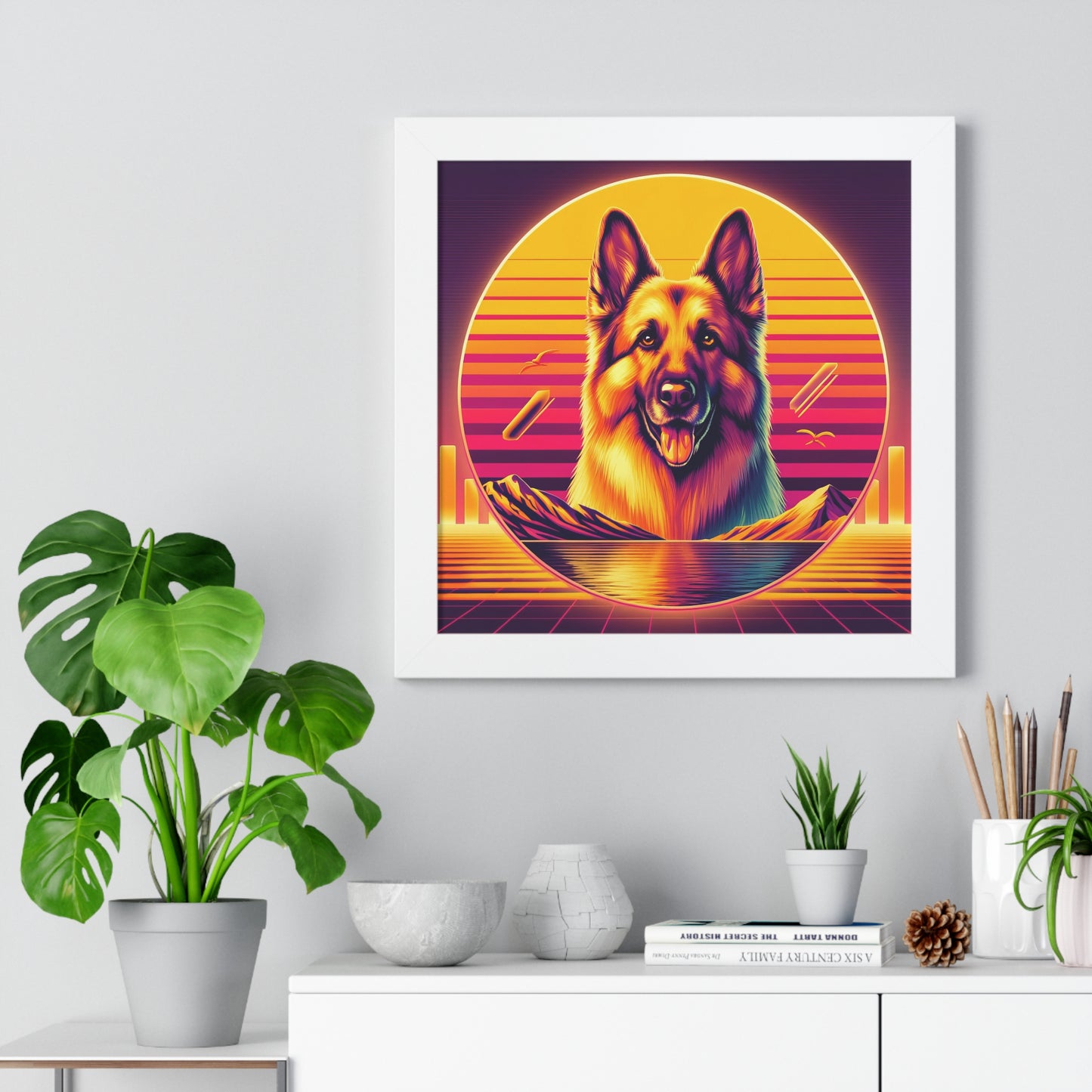 Vaporwave and golden hour German Shepherd Framed Poster Painting 16x16