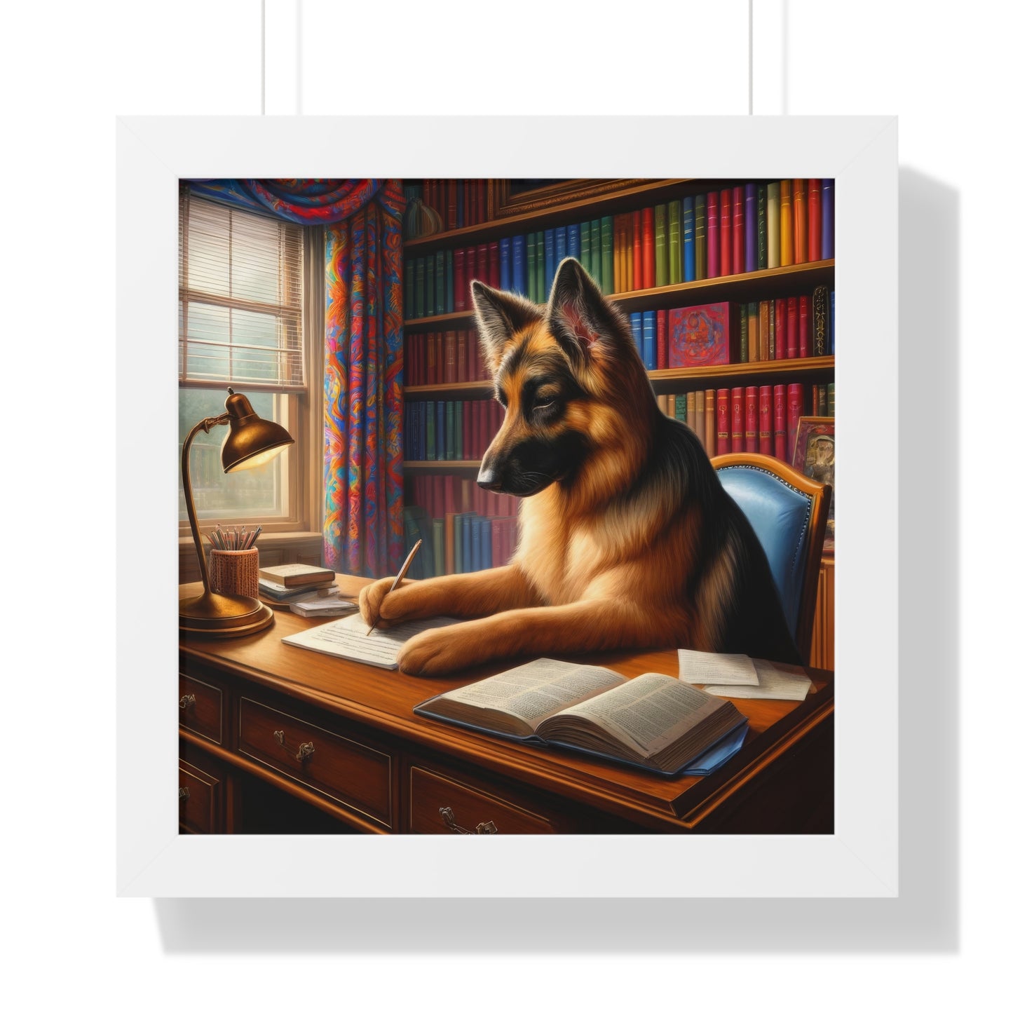 German Shepherd Writing a book Framed Poster Painting 16x16