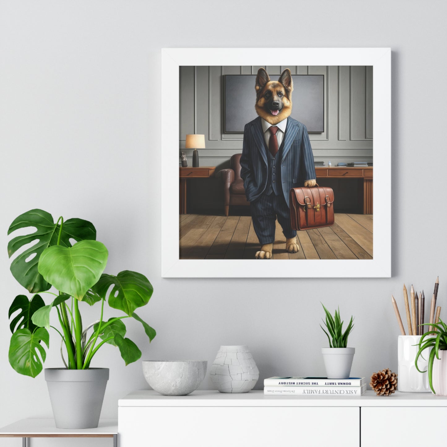 German Shepherd Wearing a Business Suit Framed Poster Painting 16x16