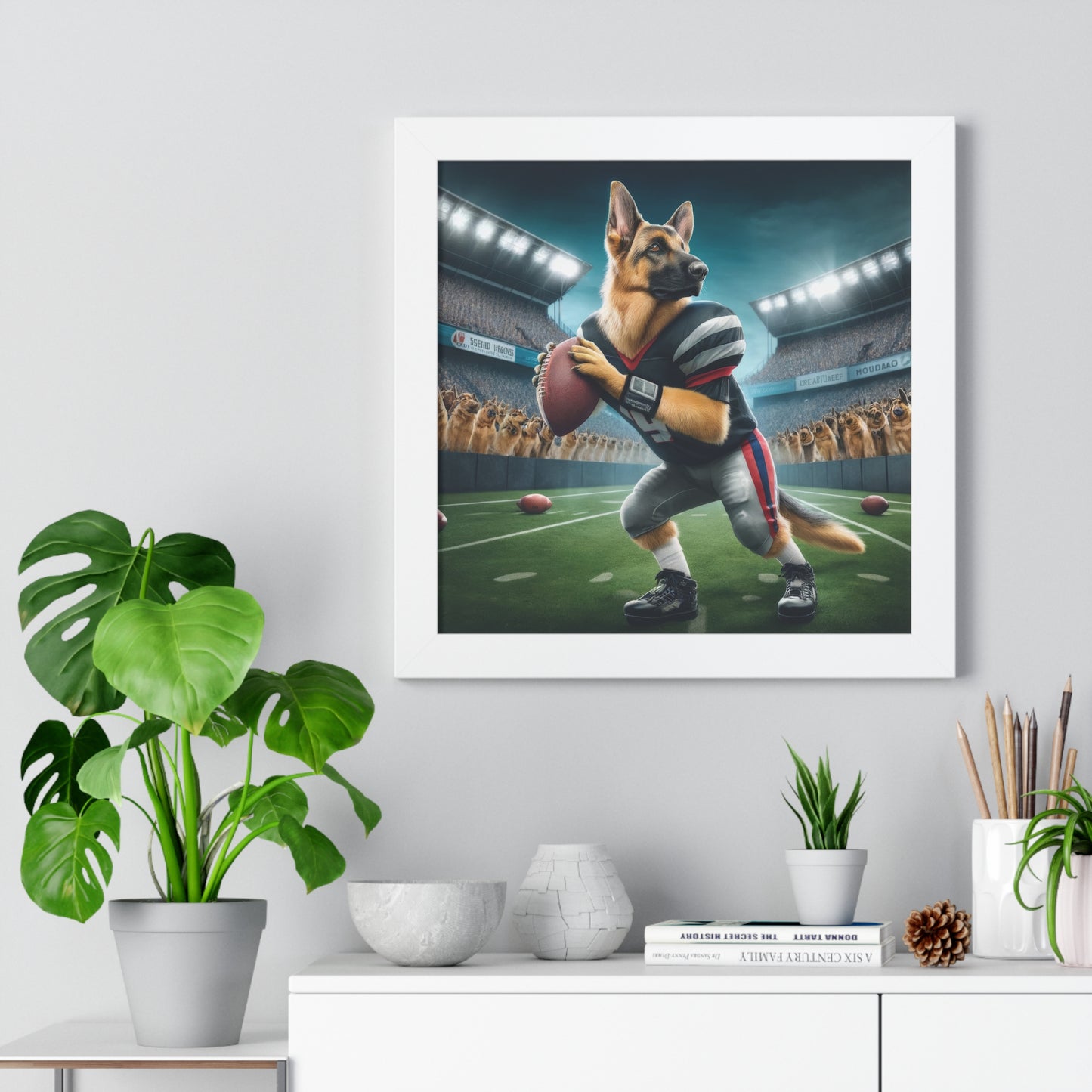 German Shepherd Playing Football Framed Poster Painting 16x16