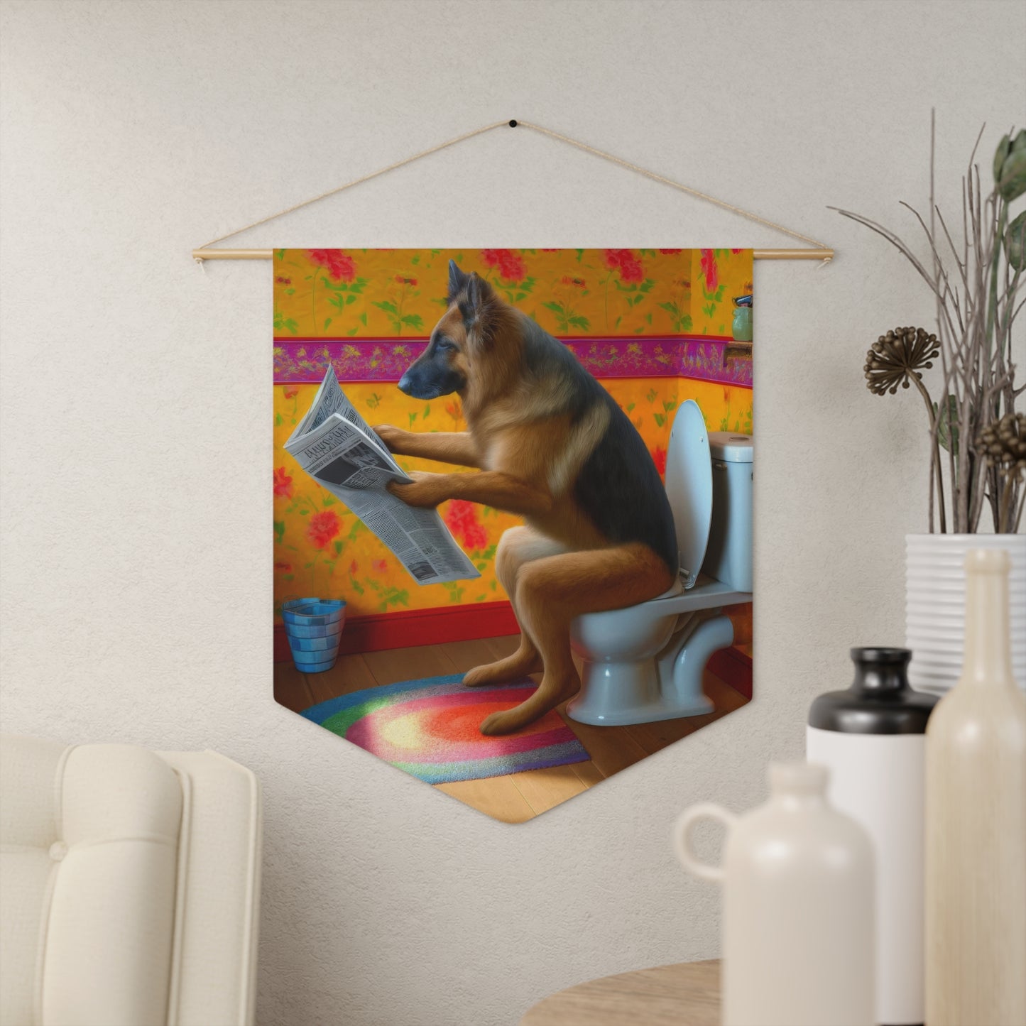 German Shepherd Using a Toilet Pennant