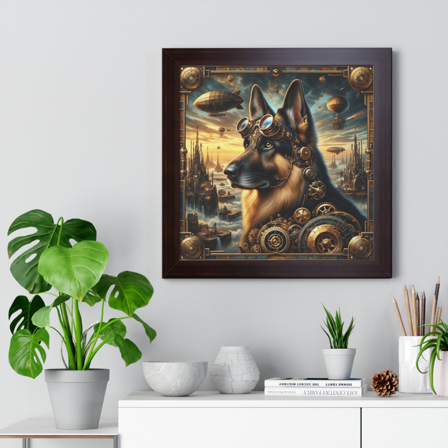 Steampunk Fantasy German Shepherd Framed Poster Painting 16x16