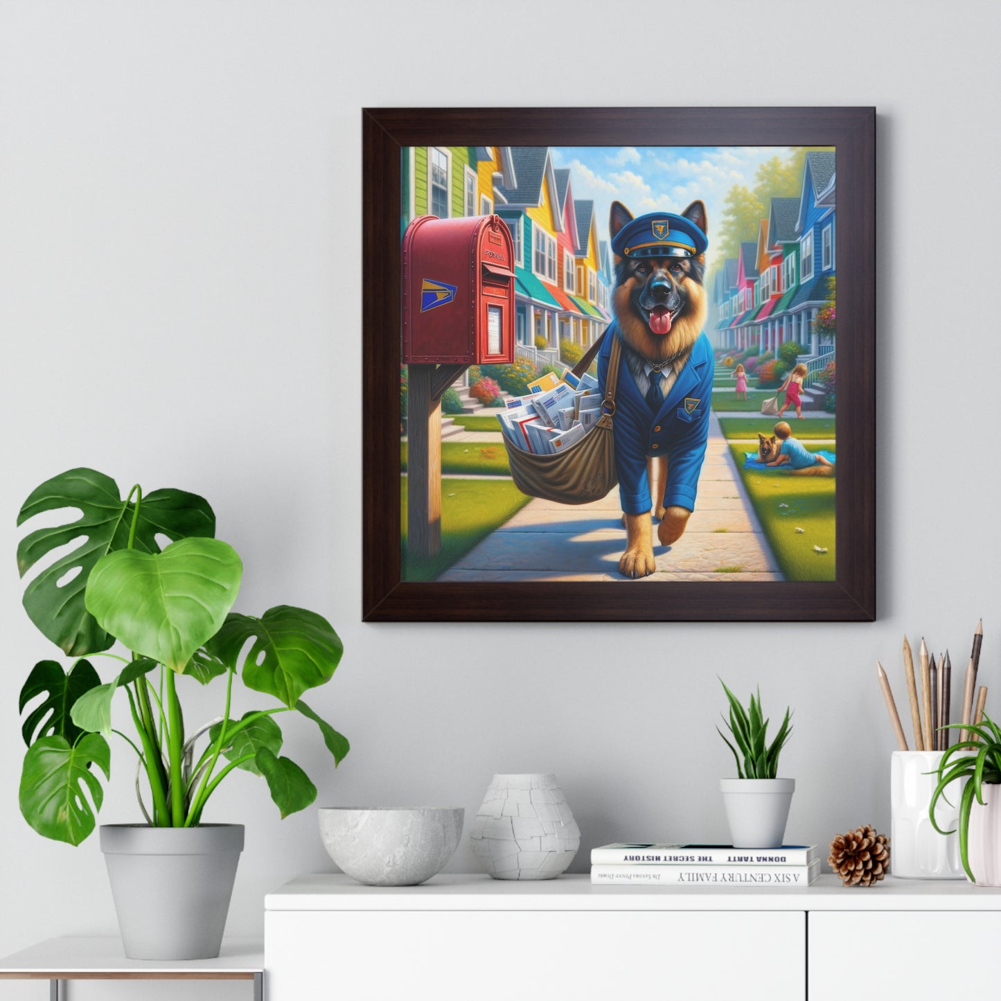 German Shepherd Delivering Mail Framed Poster Painting 16x16