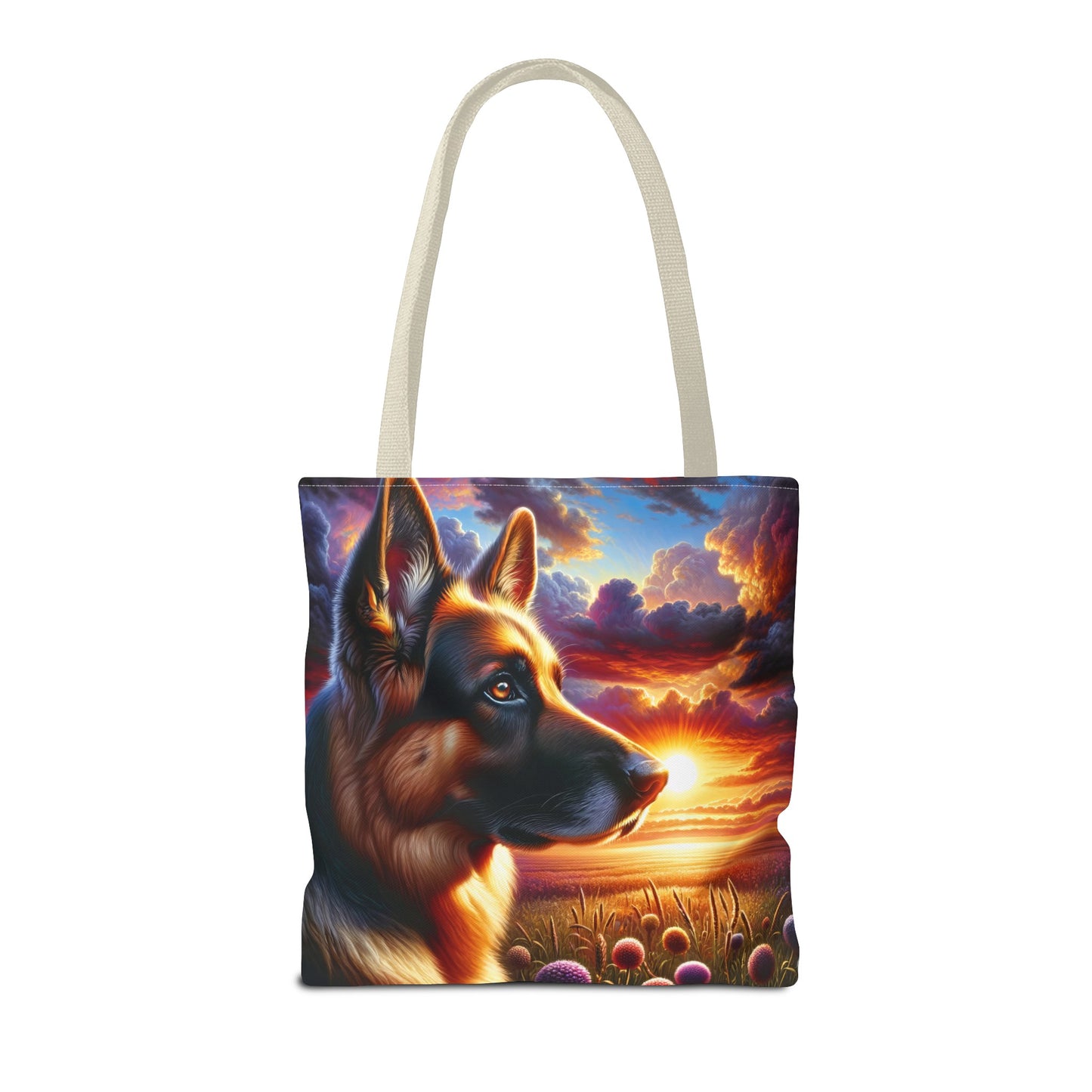 German Shepherd Watching a sunset Tote Bag