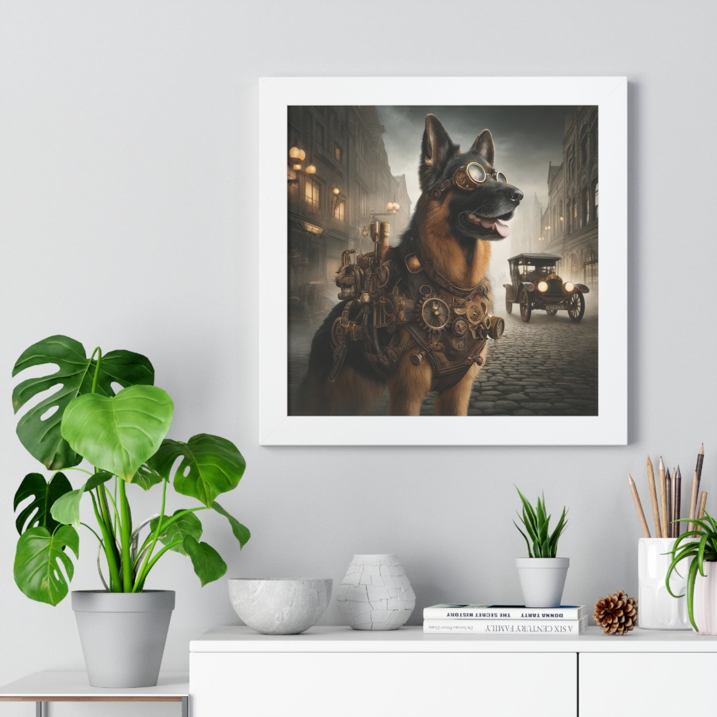 Realism and steampunk German Shepherd Framed Poster Painting 16x16