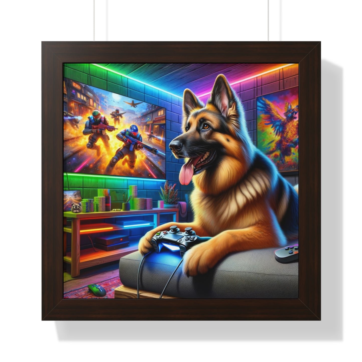 German Shepherd Playing Video Games Framed Poster Painting 16x16