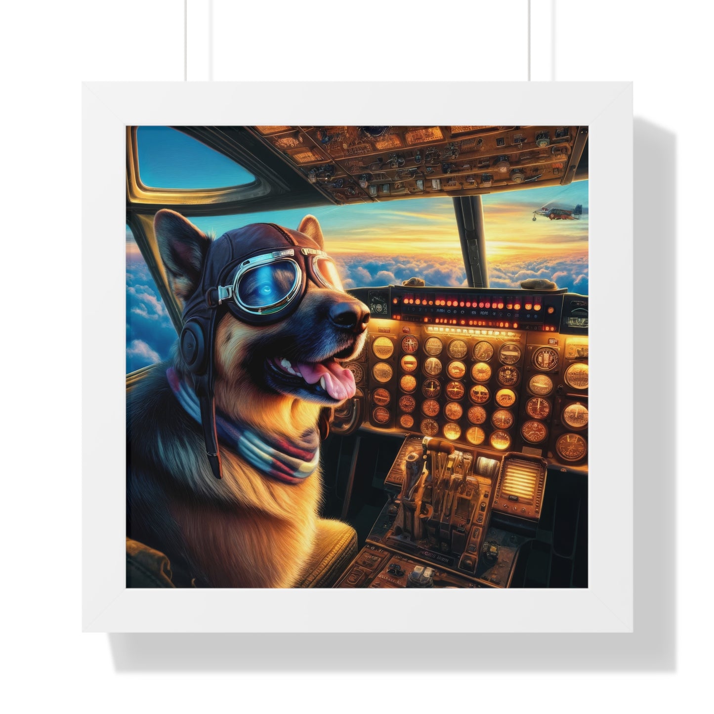 German Shepherd Flying an Airplane Framed Poster Painting 16x16