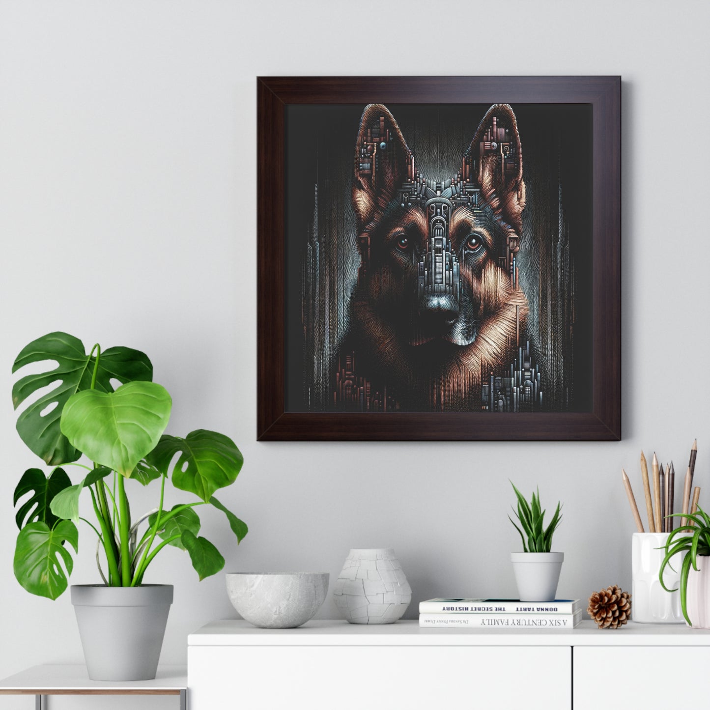 Futuristic German Shepherd Framed Poster Painting 16x16