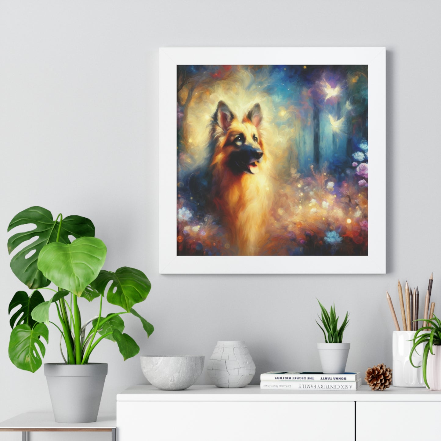 Fairy tale and impressionism German Shepherd Framed Poster Painting 16x16