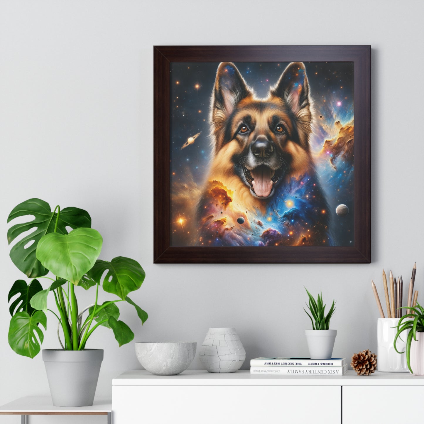 German Shepherd in Space Framed Poster Painting 16x16